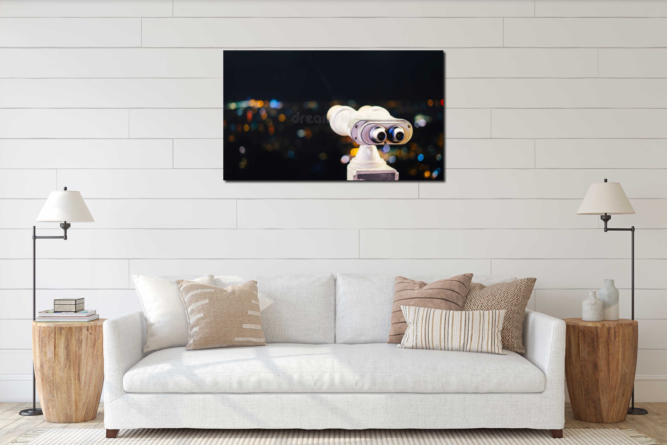 Touristic telescope look at city with view of Barcelona Spain, close up old metal binoculars on background viewpoint interior mockup