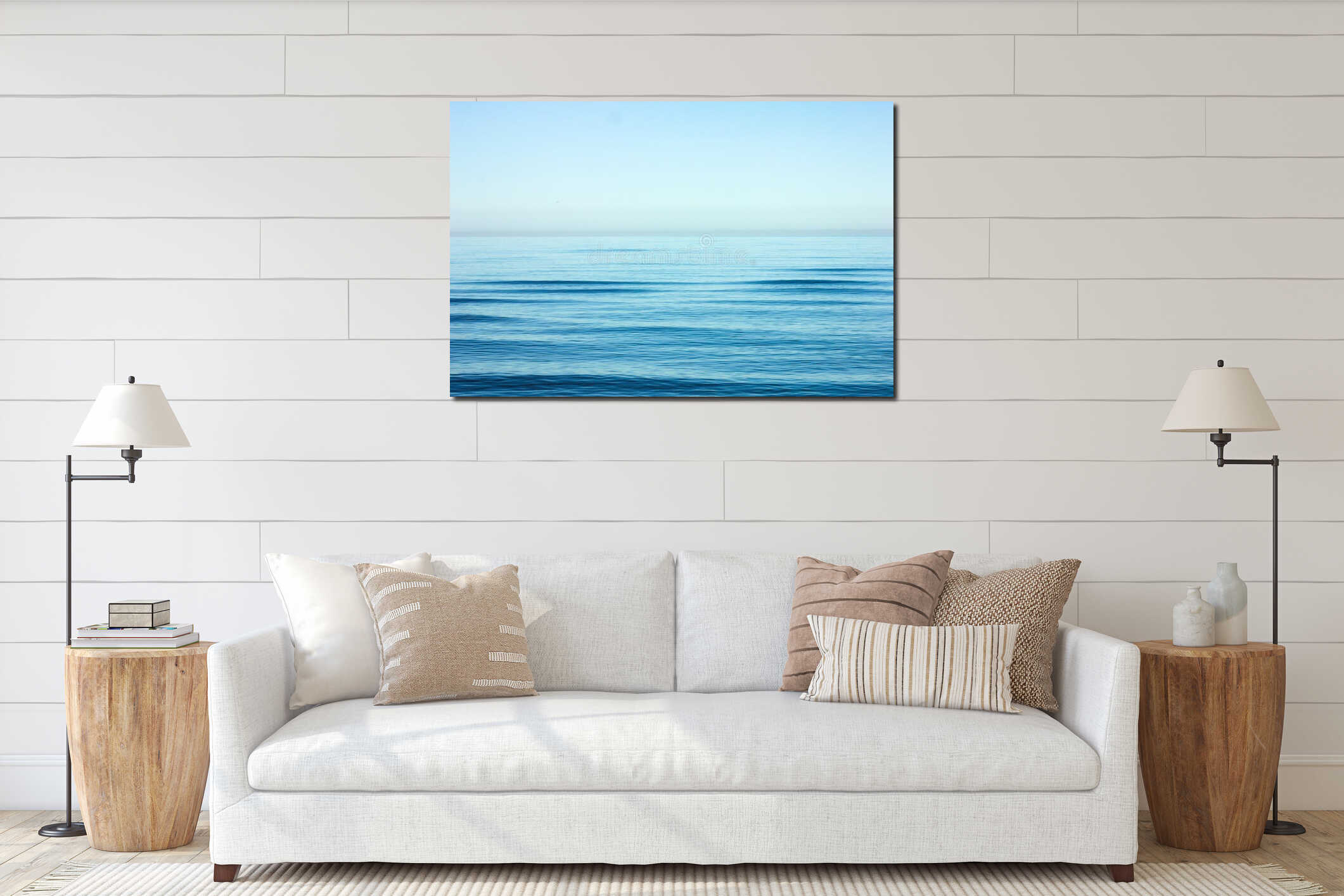 Calm sea ripple with horizon over water interior mockup