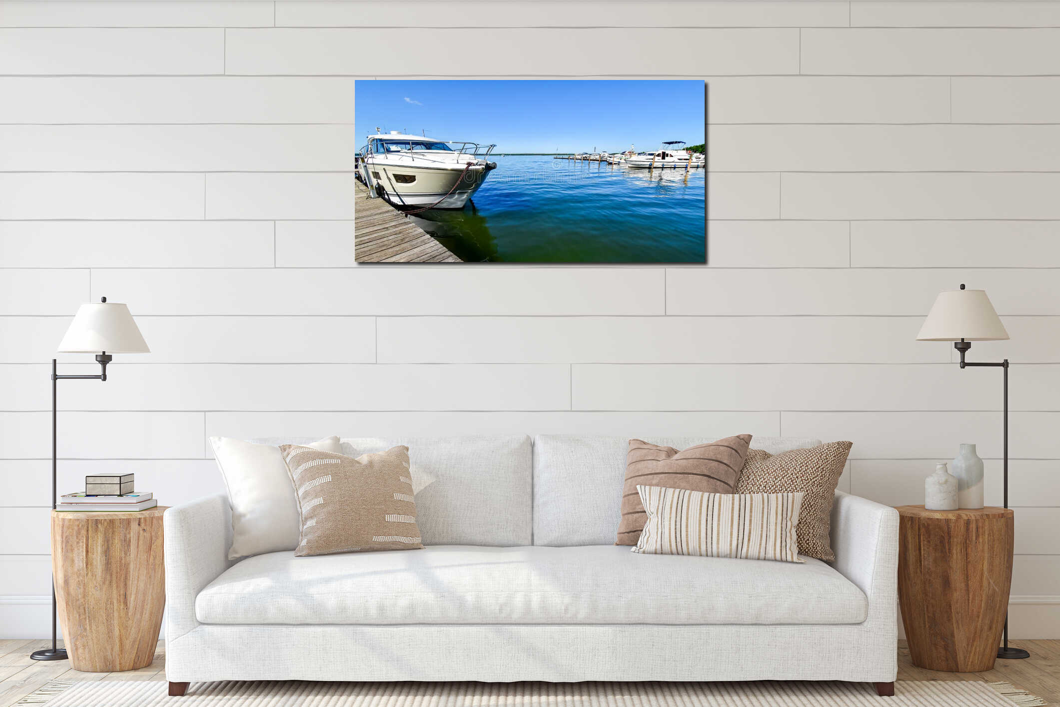 Ships moored at Fleesen Lake jetty interior mockup