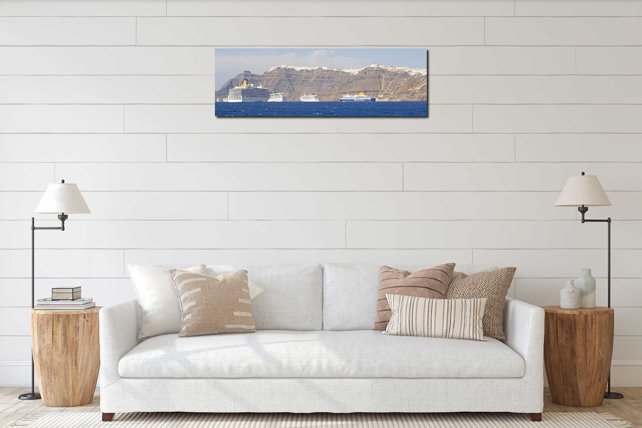 Cruise Ships moored near Thira on the Greek Island of Santorini interior mockup