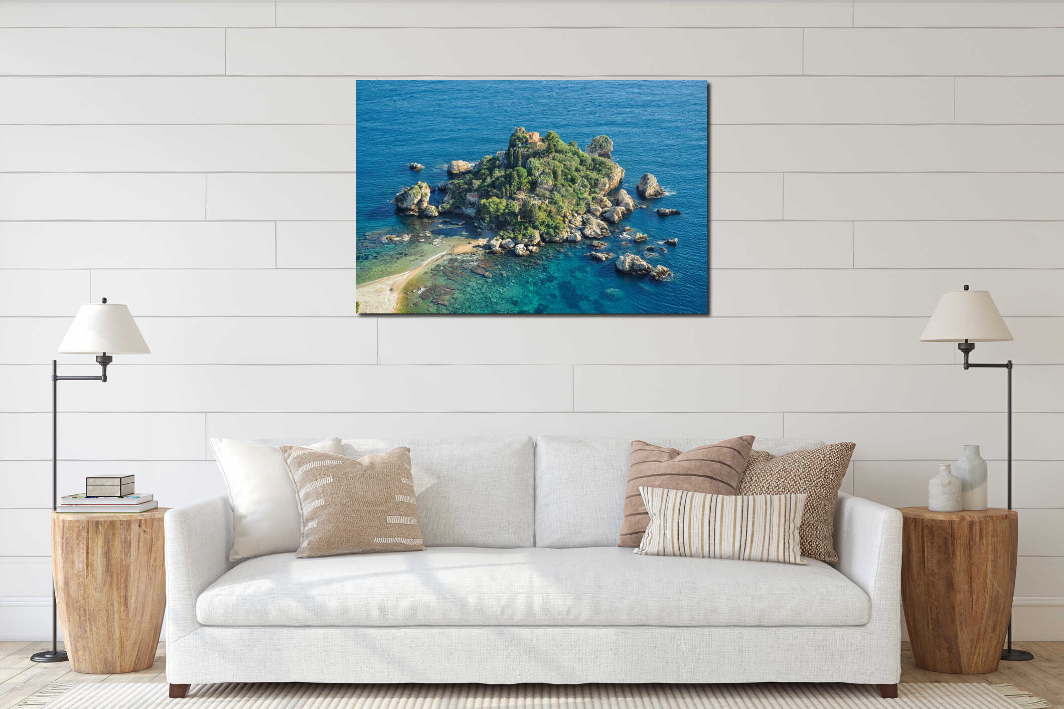 Small rocky island surrounded by blue waters off shores of Europe Greece. interior mockup