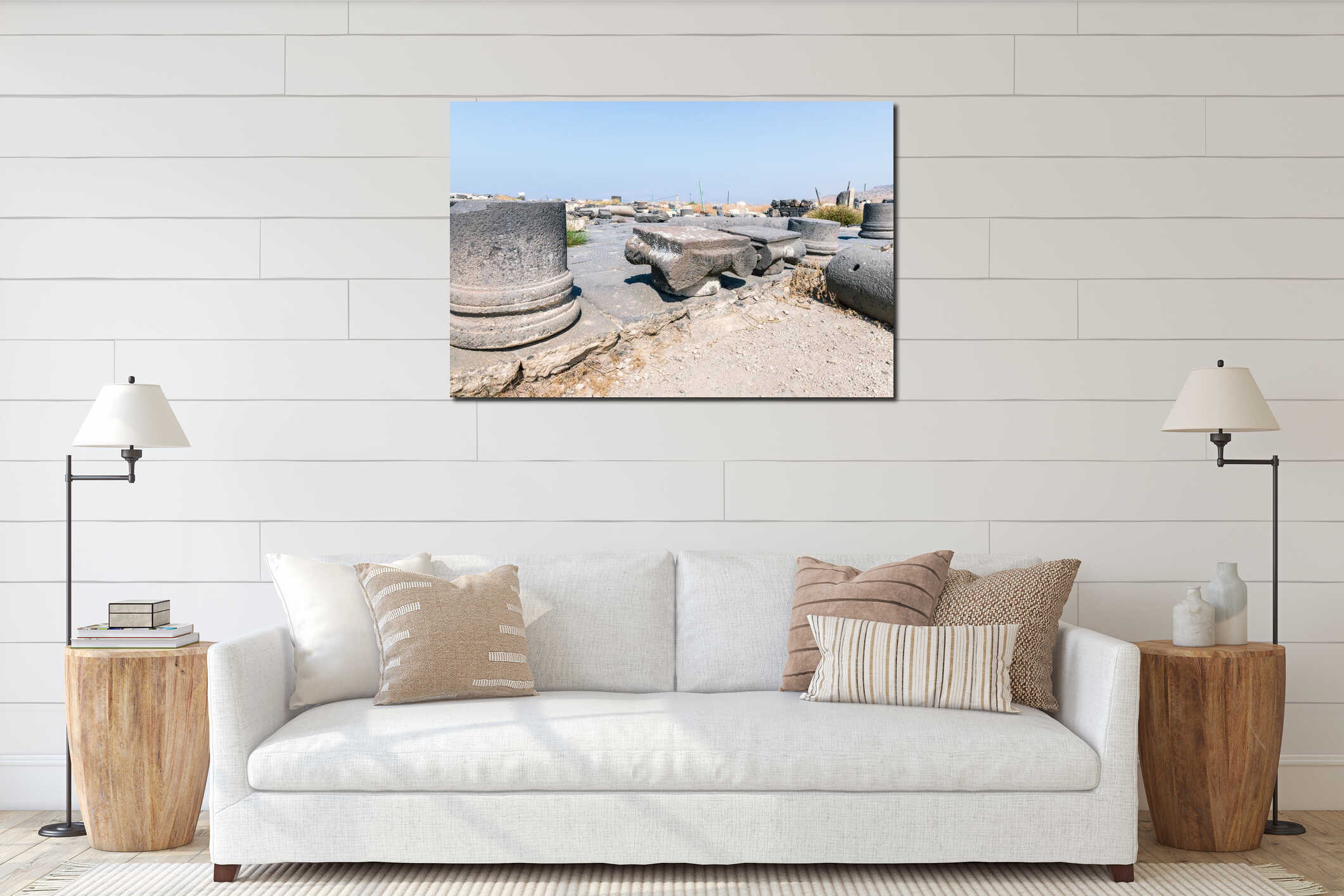 The remains of the columns in the ruins of the Greek - Roman city of the 3rd century BC - the 8th century AD Hippus - Susita on th interior mockup