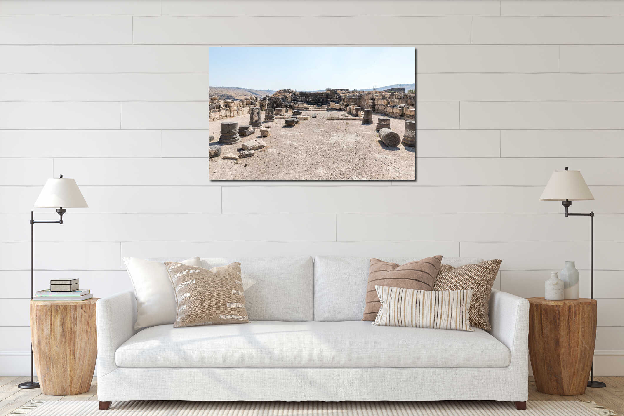 The remains of the palace hall in ruins of the Greek - Roman city of the 3rd century BC - the 8th century AD Hippus - Susita on th interior mockup