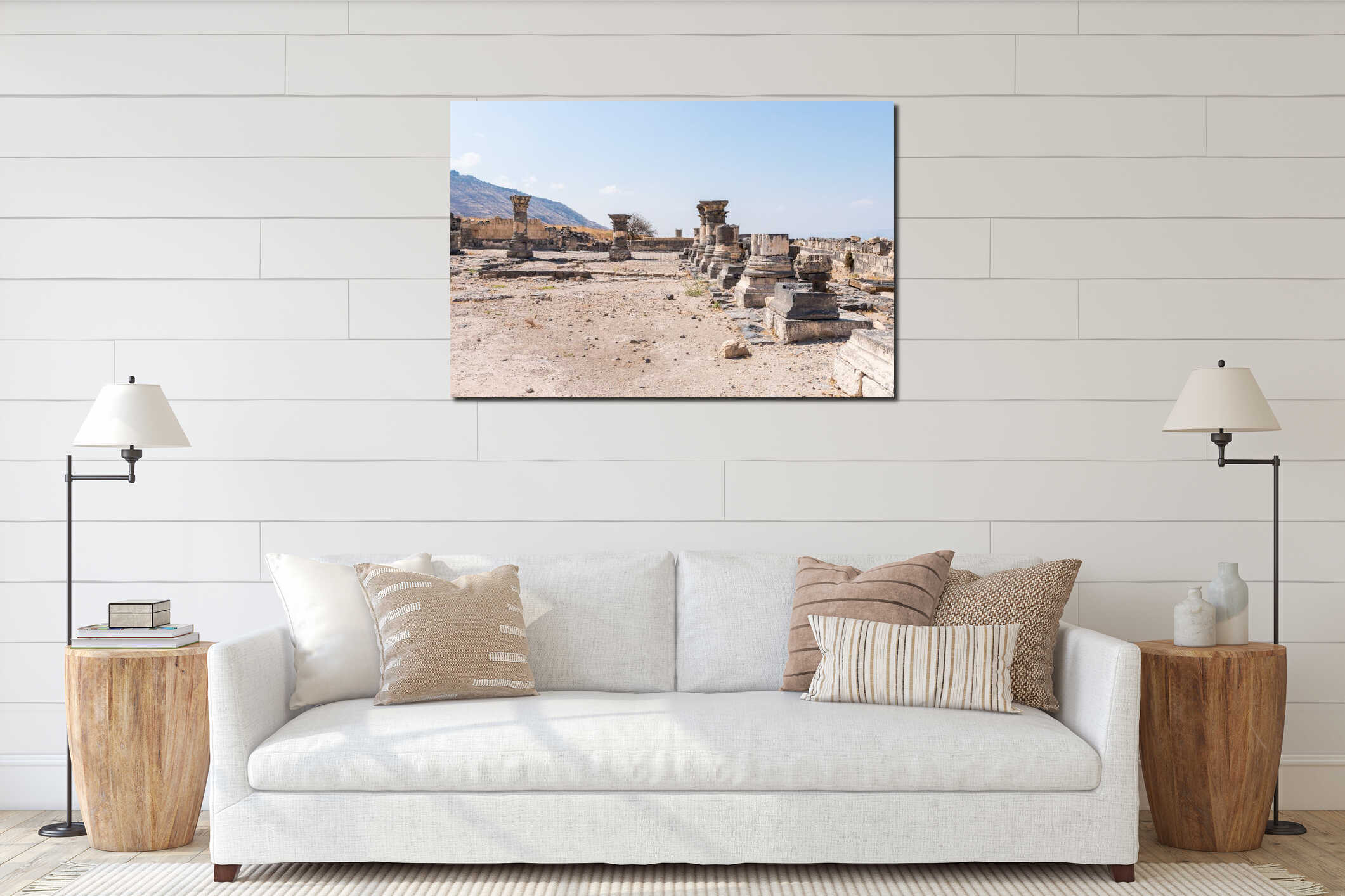 The remains of the palace hall in ruins of the Greek - Roman city of the 3rd century BC - the 8th century AD Hippus - Susita on th interior mockup