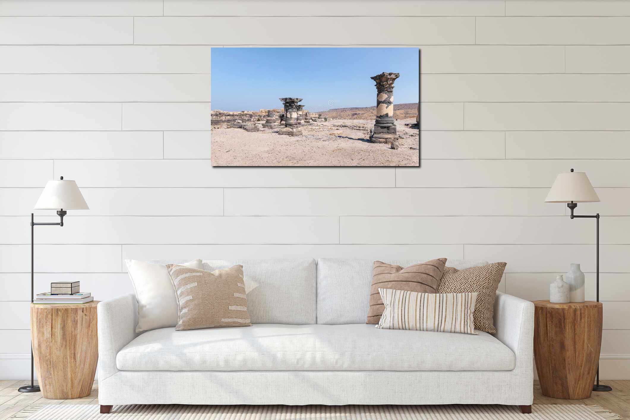 The remains of the palace hall in ruins of the Greek - Roman city of the 3rd century BC - the 8th century AD Hippus - Susita on th interior mockup