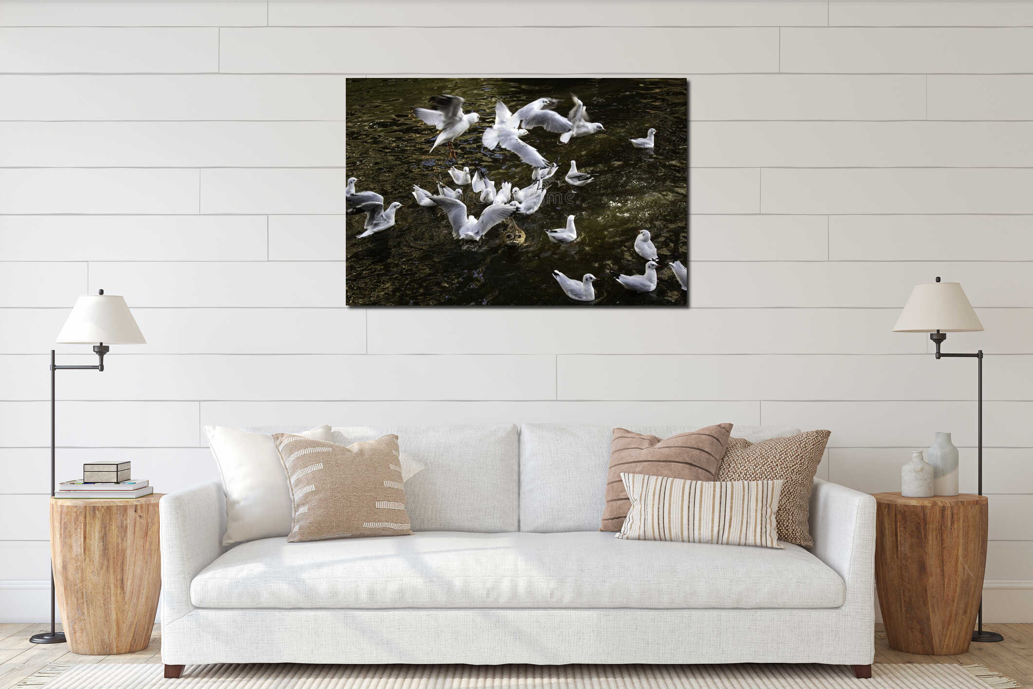 Seagull flying sky interior mockup