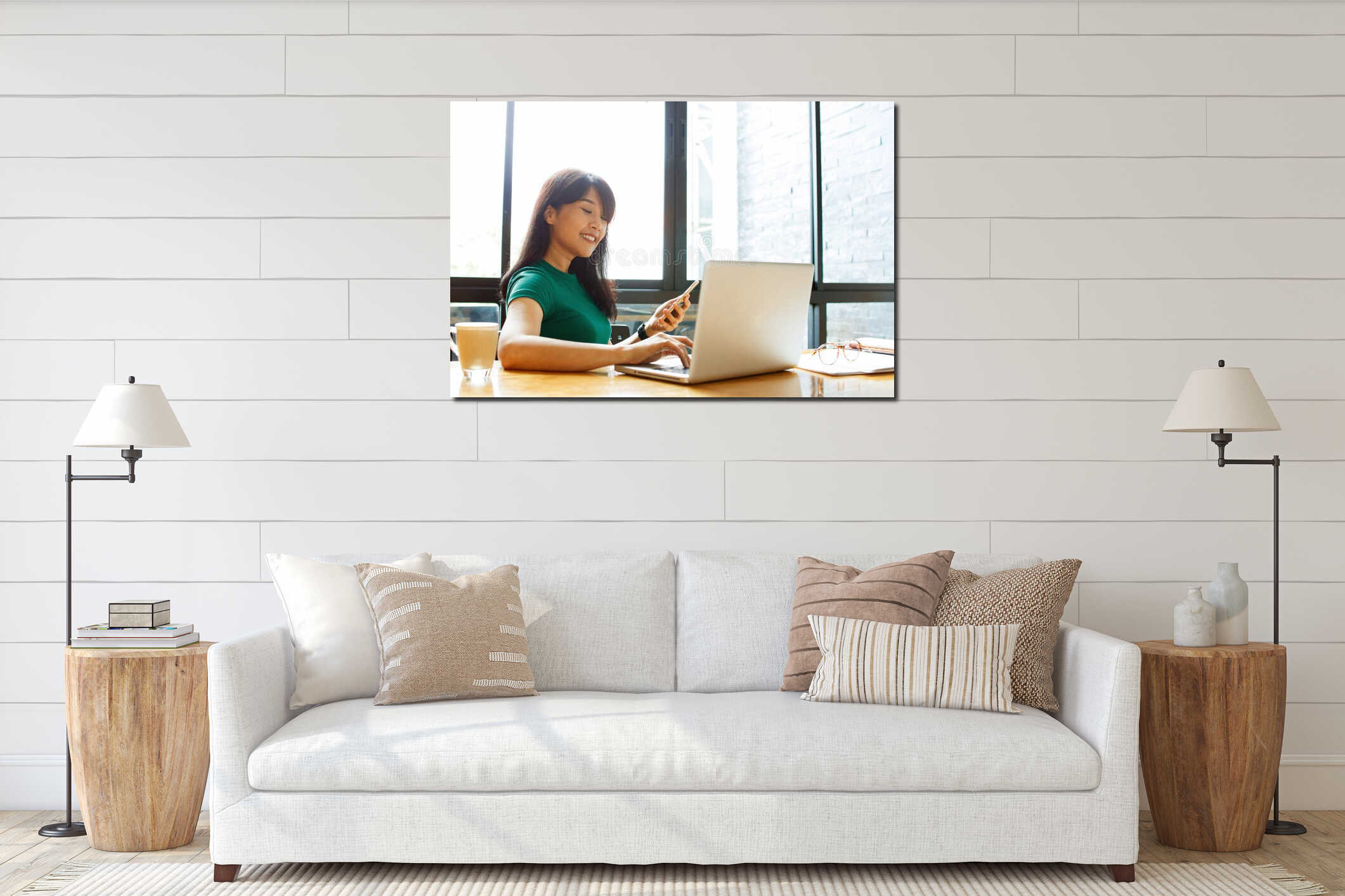 Asian young owner business woman working online, checking mail on laptop organizing working process in office. Copy space. interior mockup