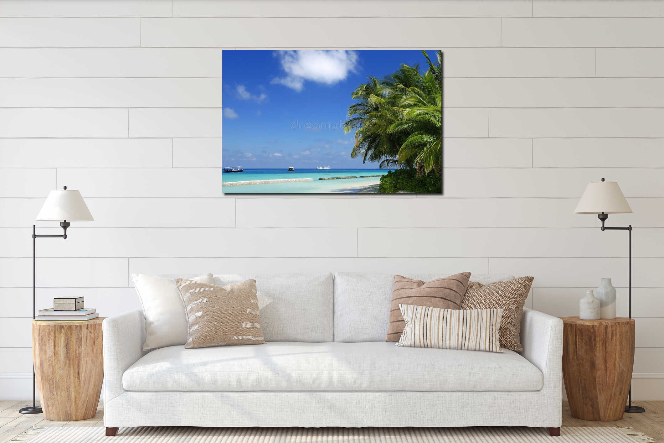 Tropical beach scene interior mockup