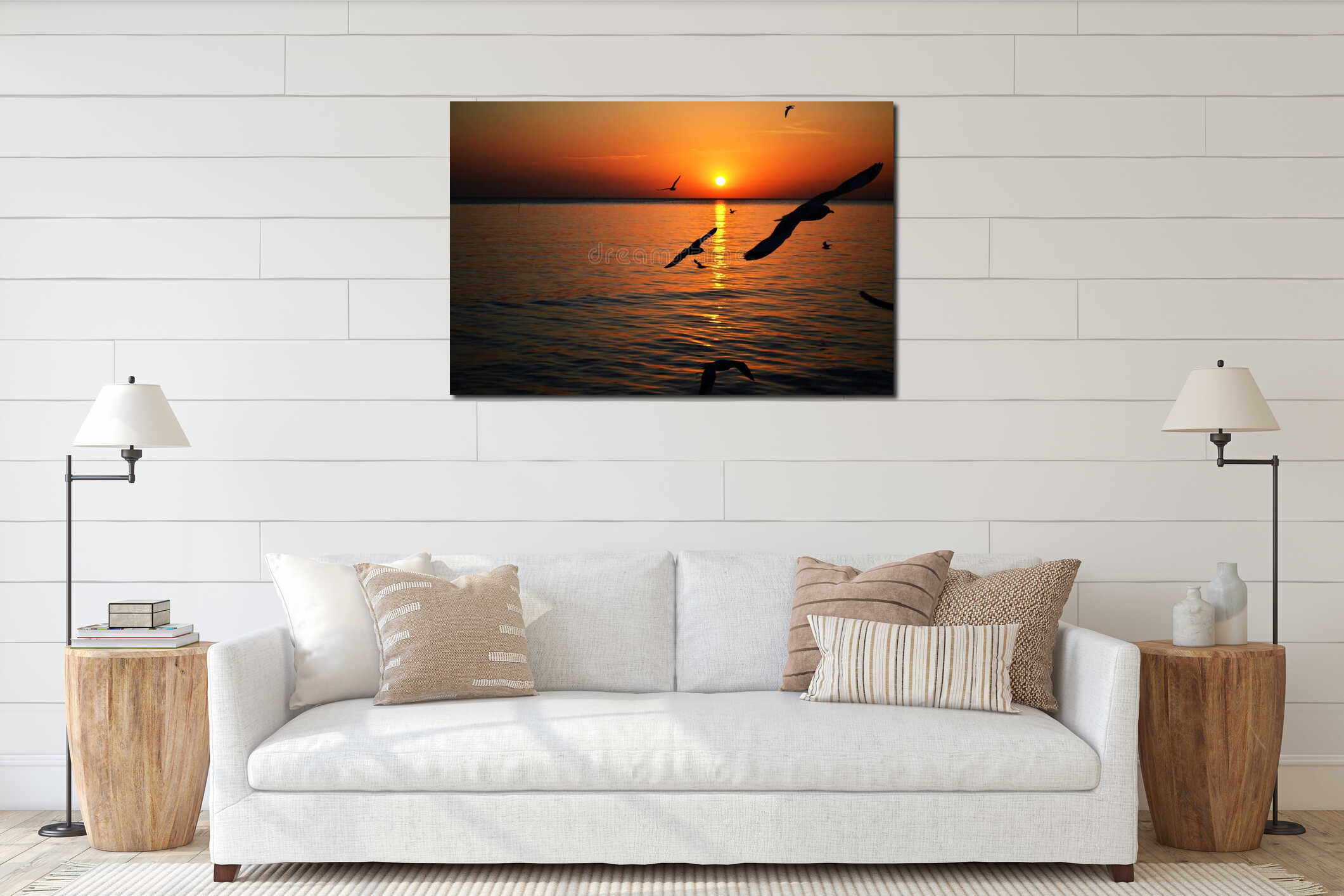 Silhouette of Seagull Birds fly through the seaside at sunset interior mockup