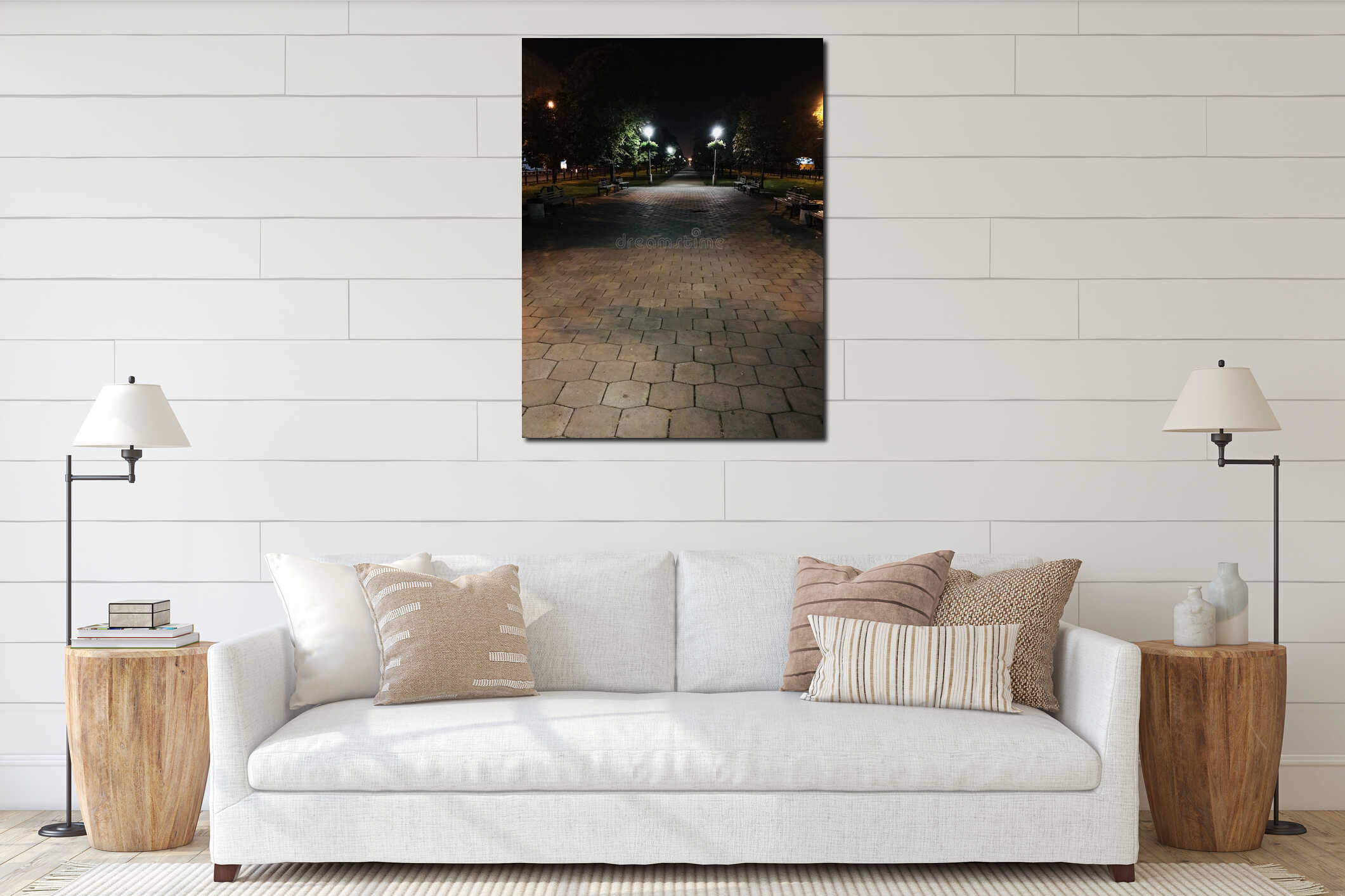 Deserted street at night with light interior mockup