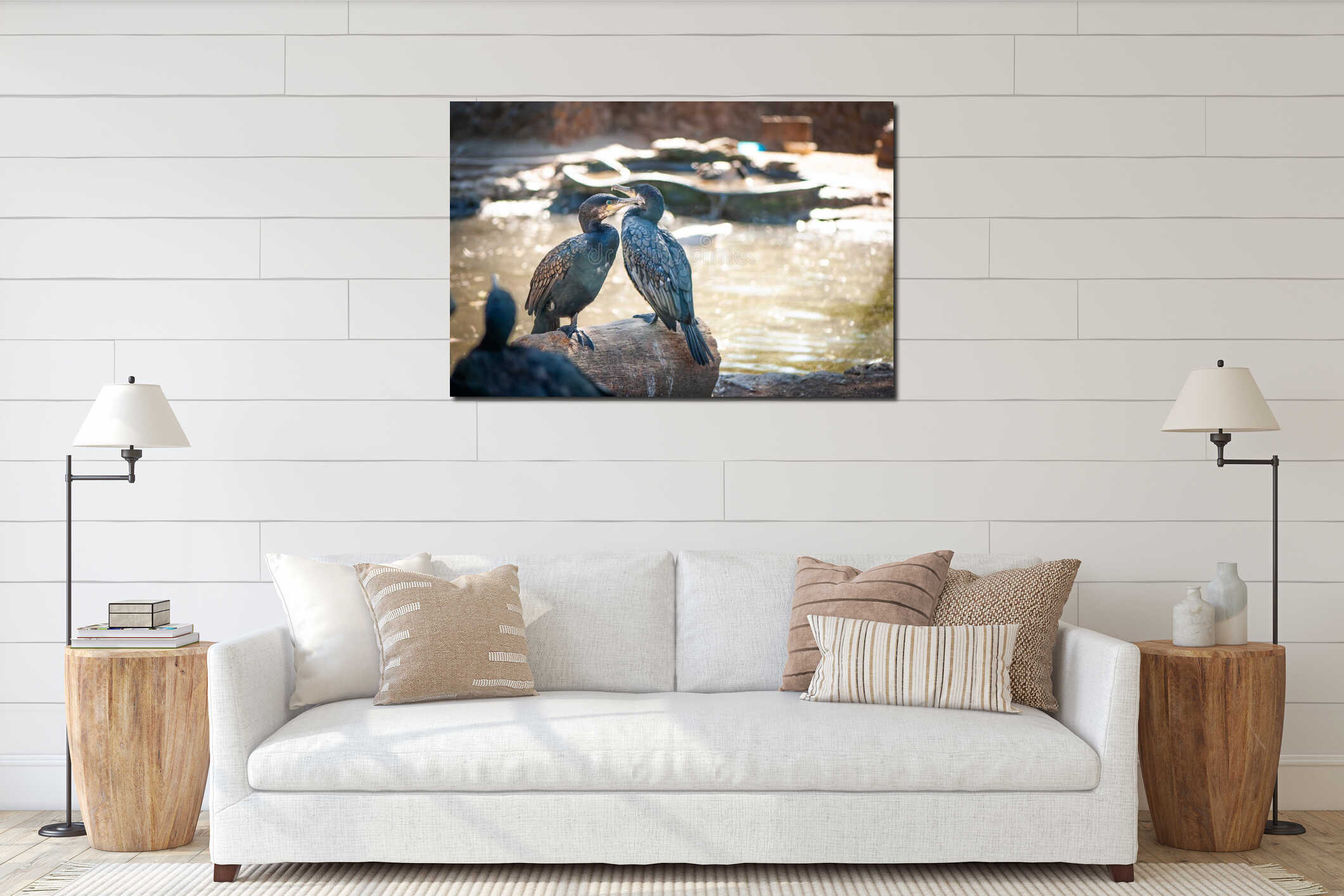 Two Great cormorants sit on a tree interior mockup