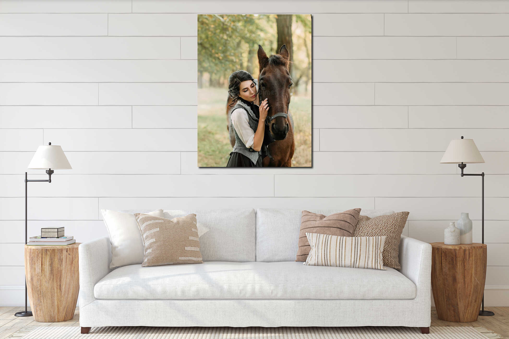 A young lady in a vintage dress, with tenderness and with affection hugs her horse. An ancient, collected hairstyle, a gentle make interior mockup