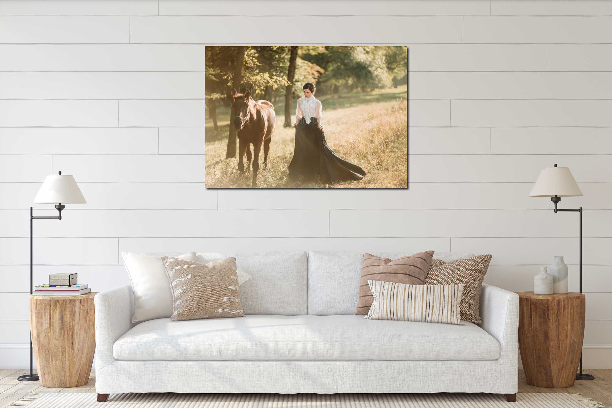 A young lady in a vintage dress with a long train, walks with a horse through the forest glades. An ancient, collected hairstyle, interior mockup
