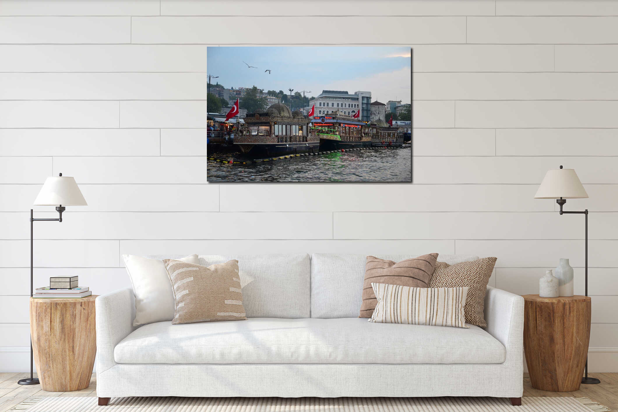 ISTANBUL/TURKEY - MAY 10, 2018: Beautiful boats on Bosfor embankment in Istanbul from the Galata Bridge. interior mockup