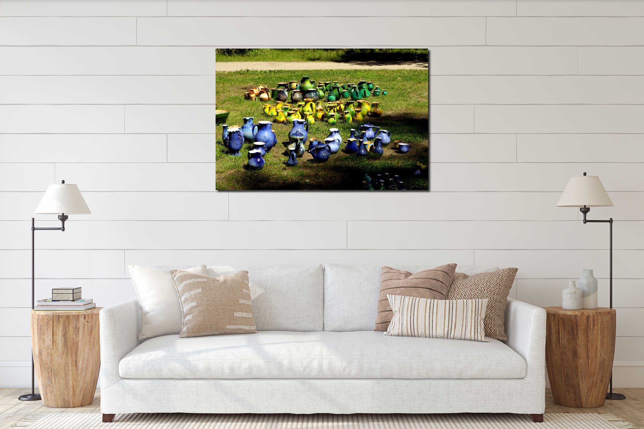 Traditional handmade colorful ceramic at green grass meadow interior mockup