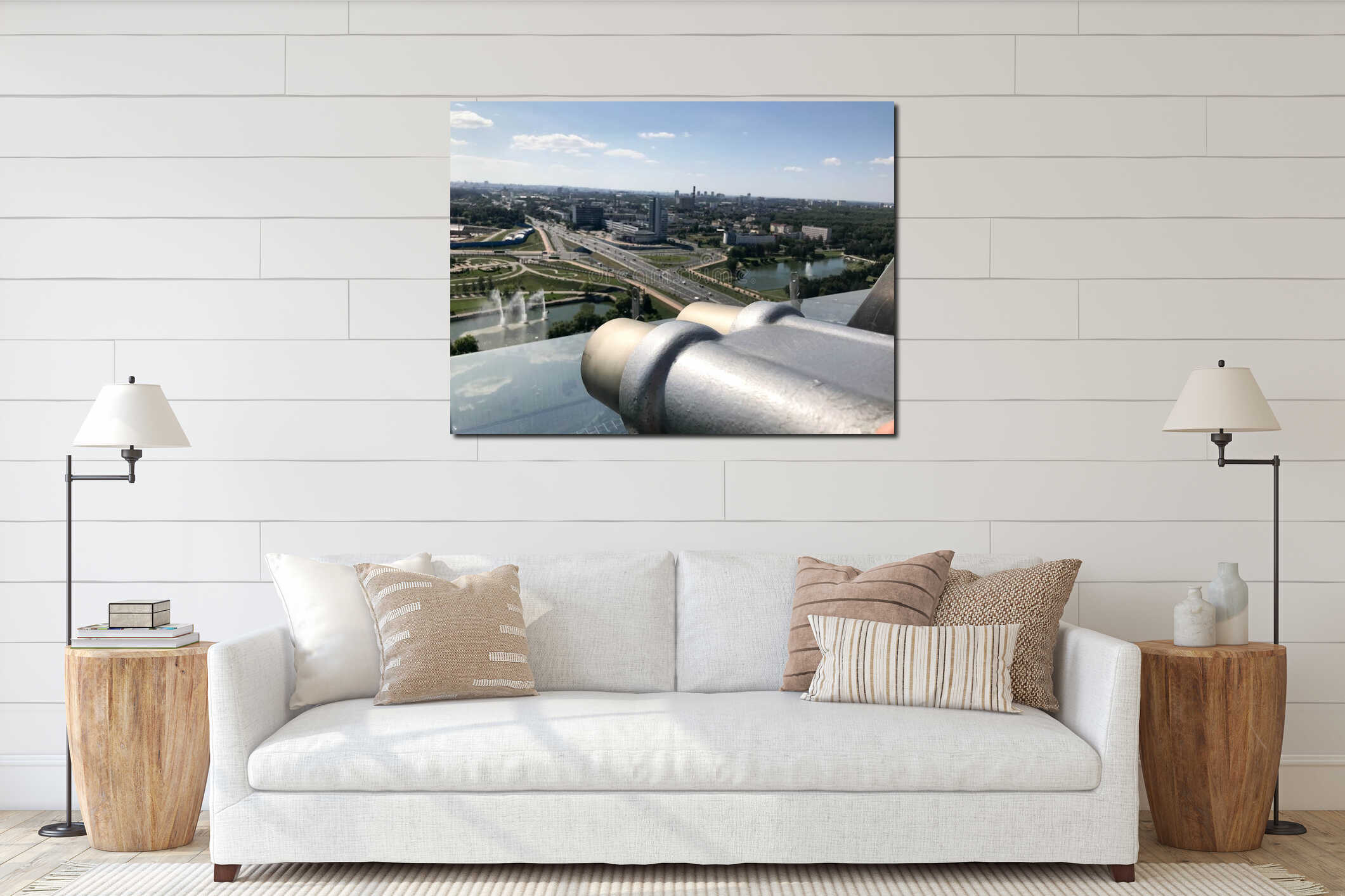 Viewing coin stationary binoculars against a white-blue sky in profile. Gray metal binoculars on the viewing platform at a height. interior mockup