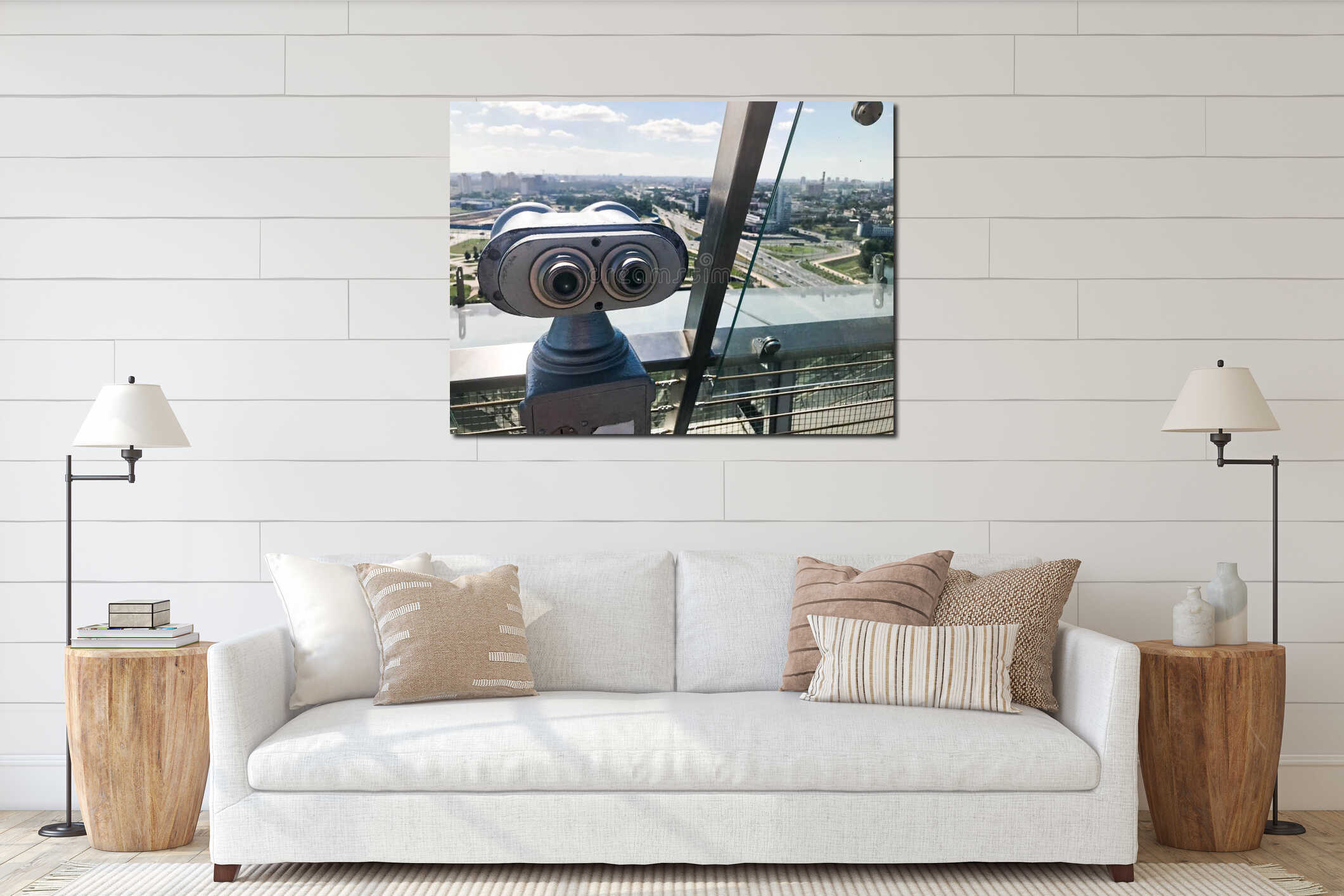 Monetary stationary binoculars on the background of sky. Gray metal binoculars on the viewing platform at height roof. interior mockup