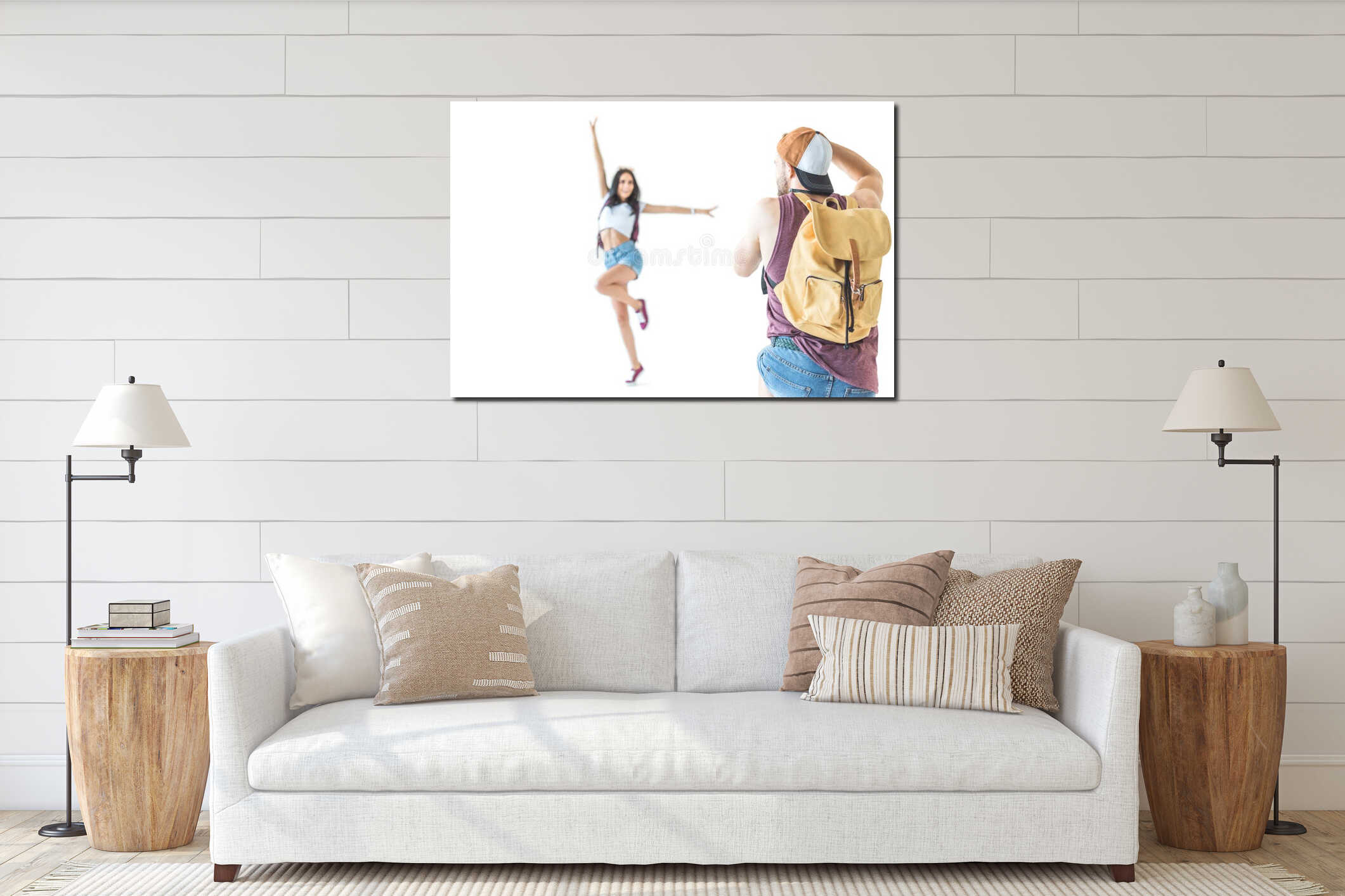 selective focus of couple of tourists taking photo interior mockup