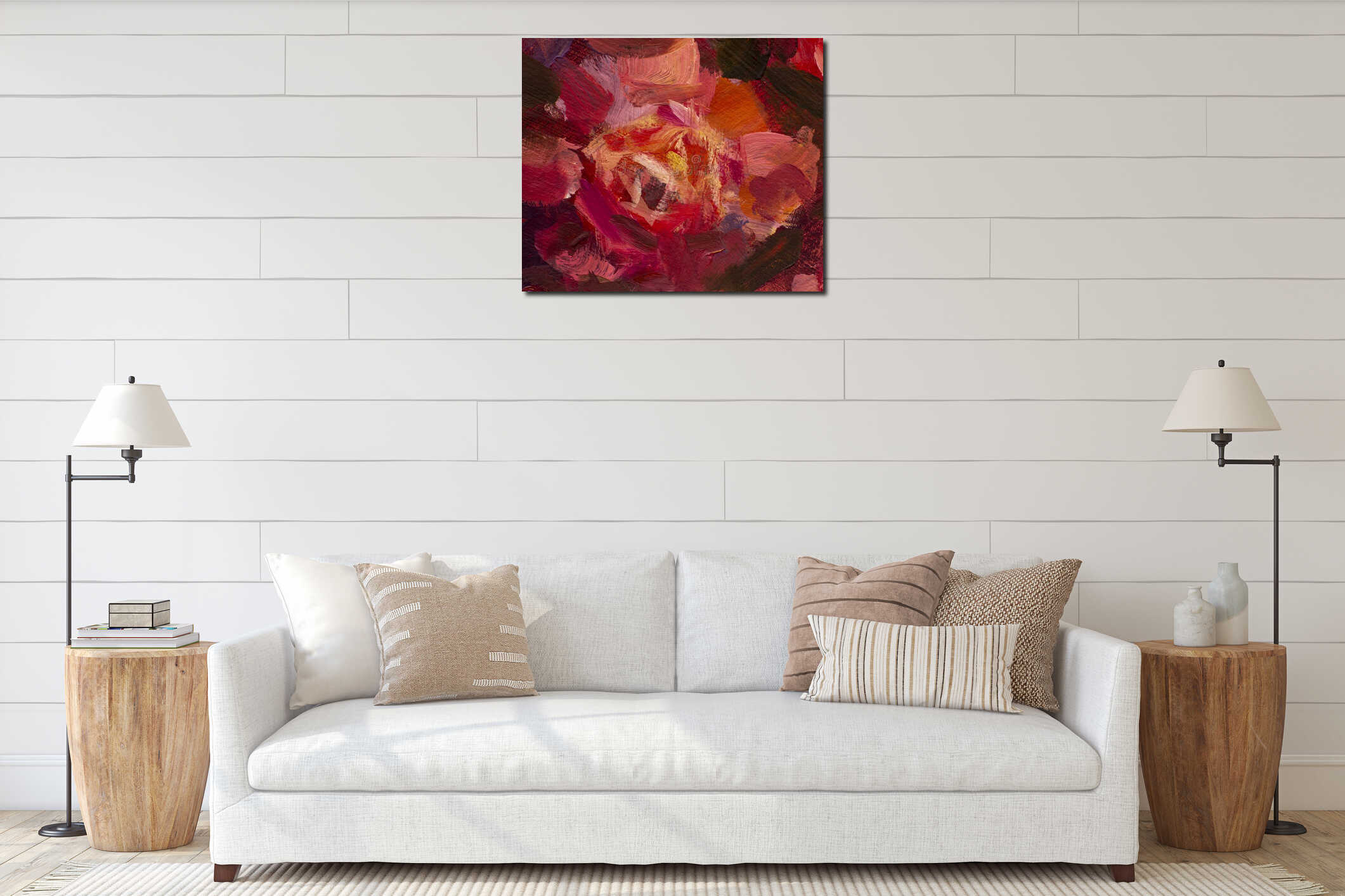 Painting flower canvas background - Oil painting close-up flower. Big red violet flowers rose peony closeup macro on canvas. interior mockup