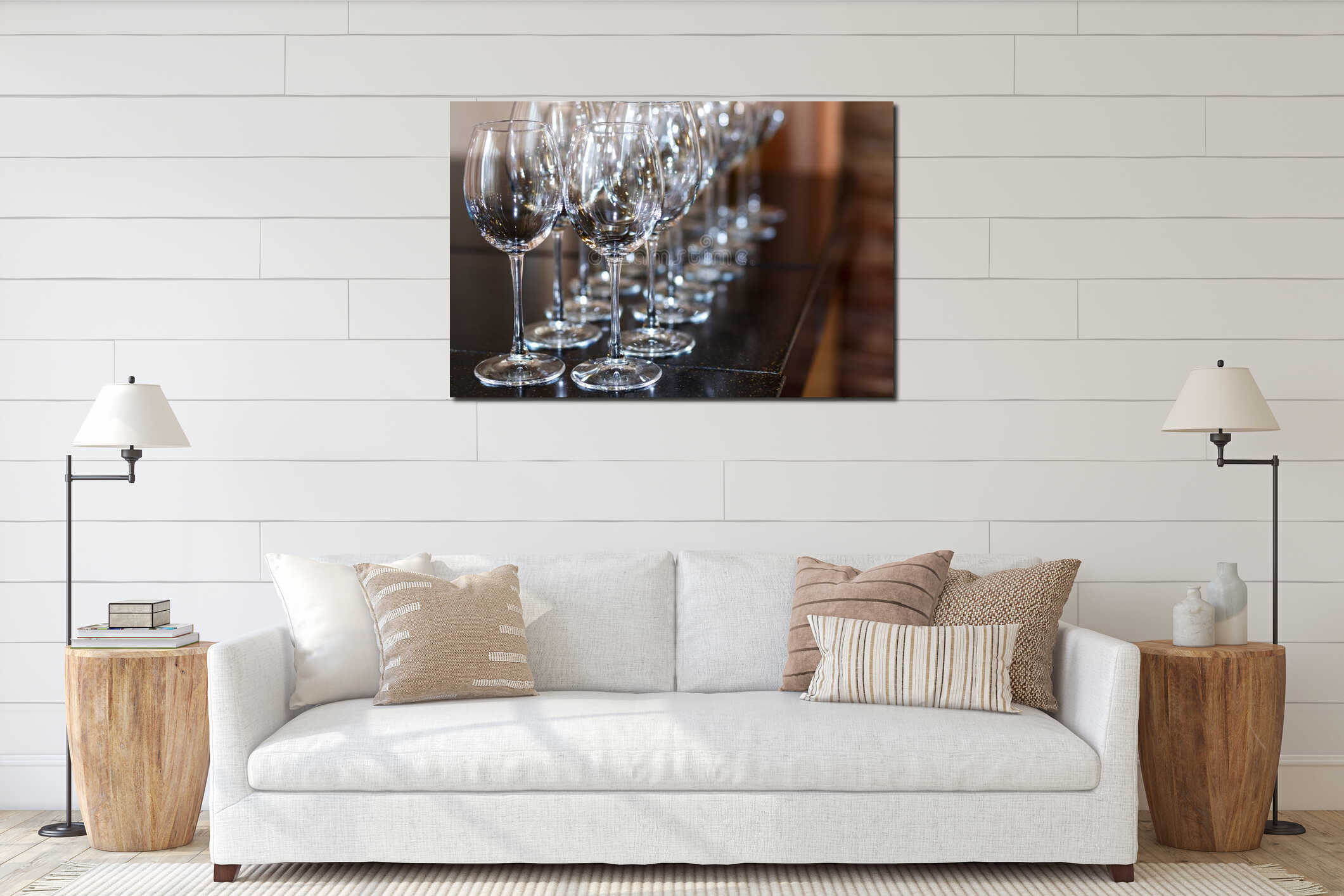 Clean shiny wine glasses stand in a row interior mockup