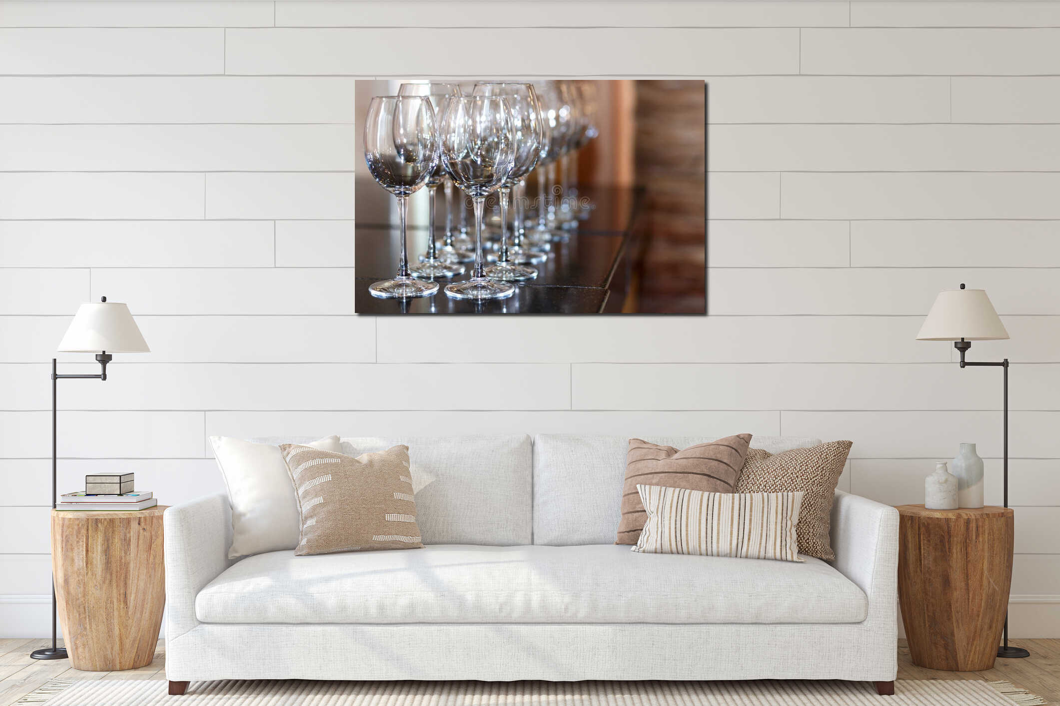 Clean shiny wine glasses stand in a row interior mockup