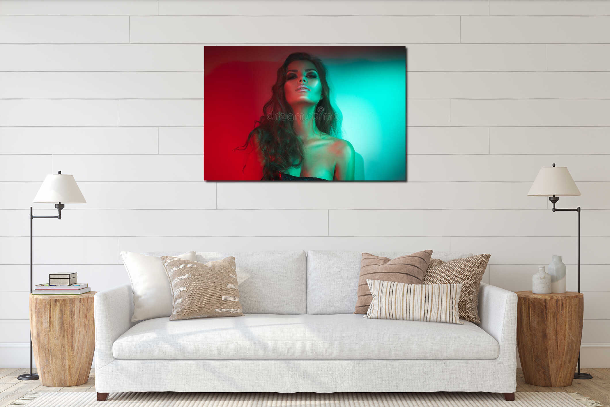 Fashion model brunette woman in colorful bright neon lights posing in studio. Beautiful girl, trendy glowing makeup interior mockup