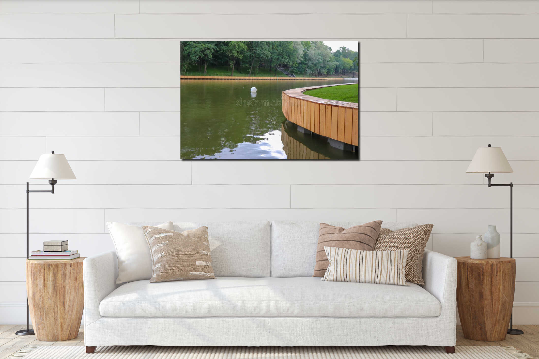 Pond with water and a floating white night lamp. In the background a park with green trees. interior mockup