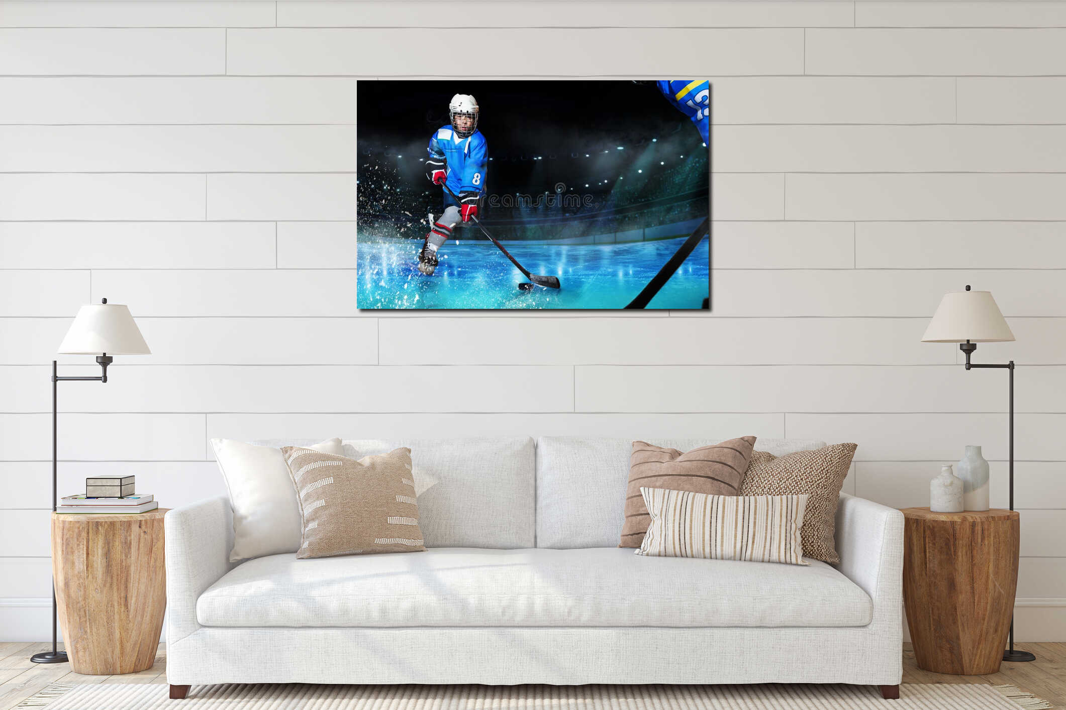 Hockey player passing the puck during competition interior mockup