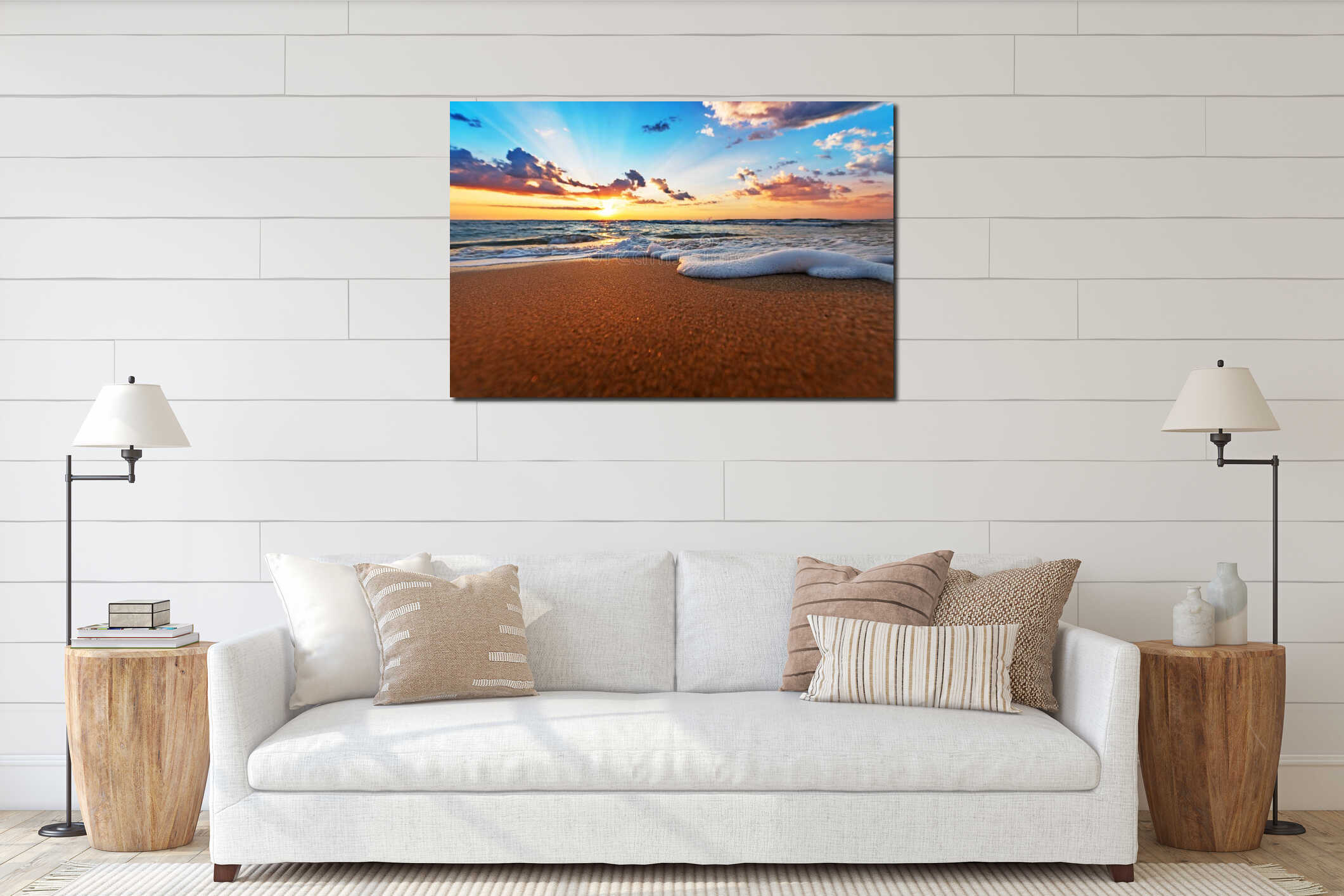 Early morning , sunrise over sea. interior mockup