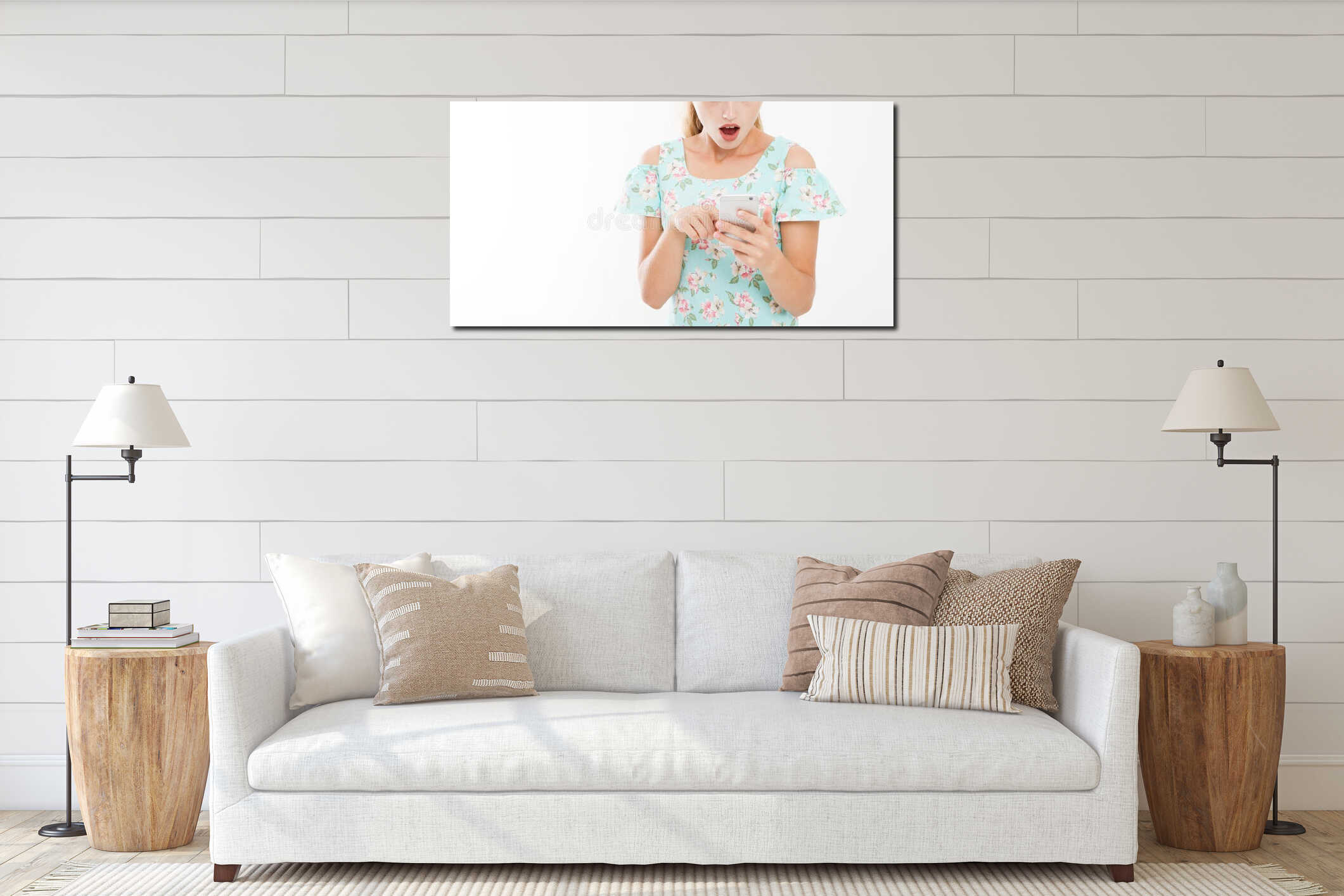 Cropped Portrait shocked young girl in dress looking at mobile phone isolated on white background interior mockup