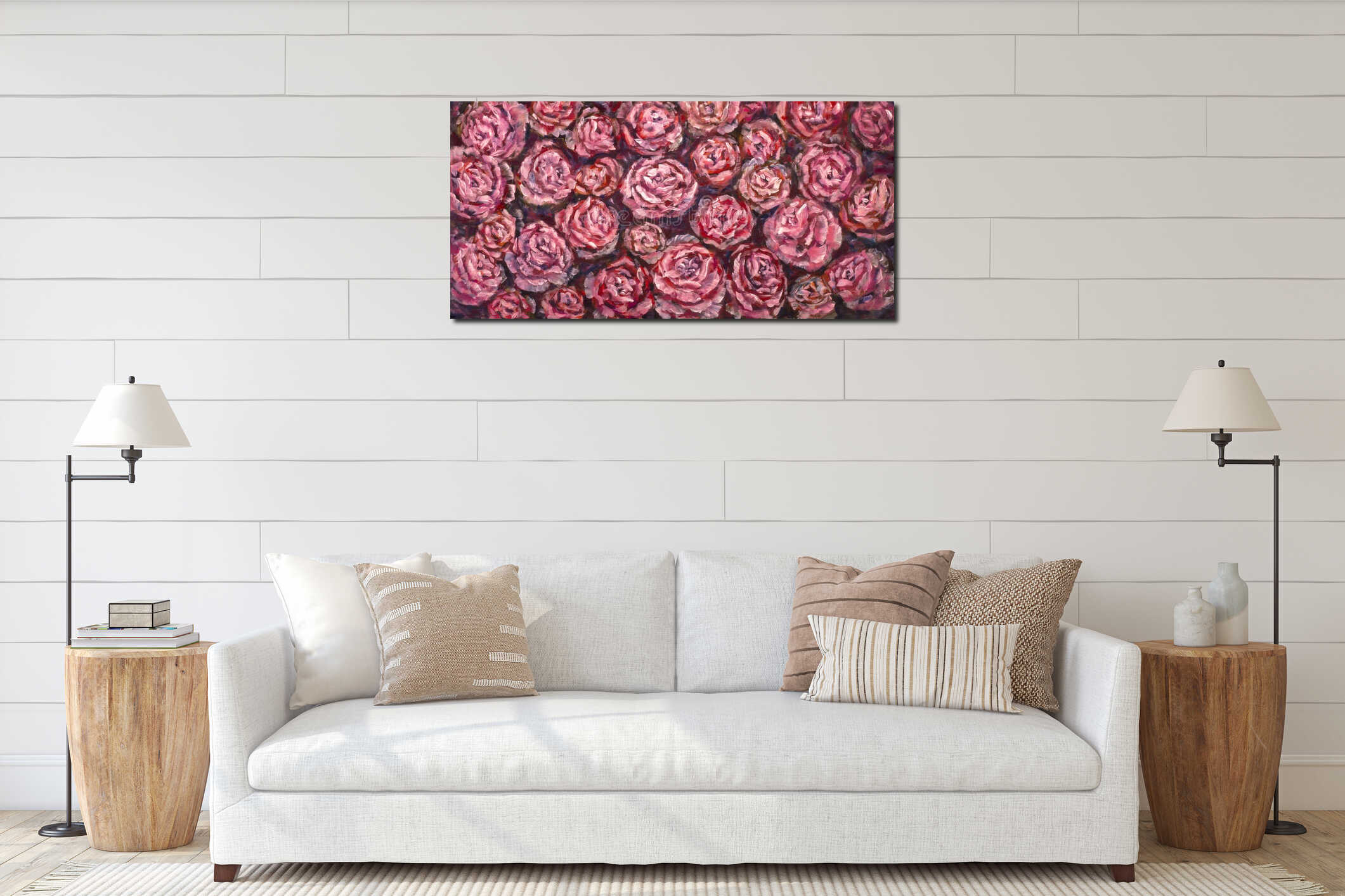 Oil painting close-up flower. Big red violet flowers rose peony closeup macro on canvas. Modern Impressionism. interior mockup