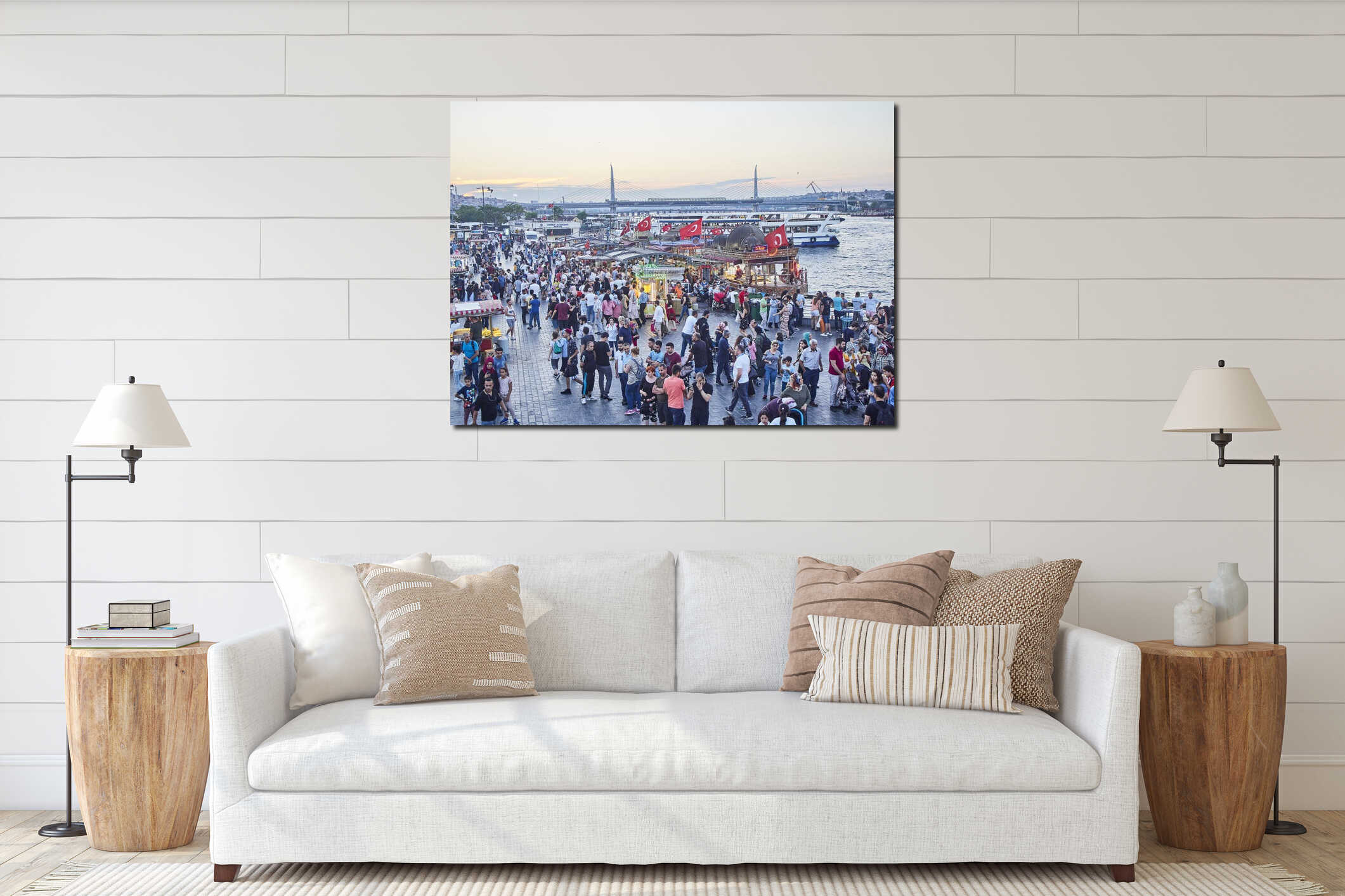 The Eminonu Pier with the Halic Bridge in the background. Istanbul, Turkey. interior mockup