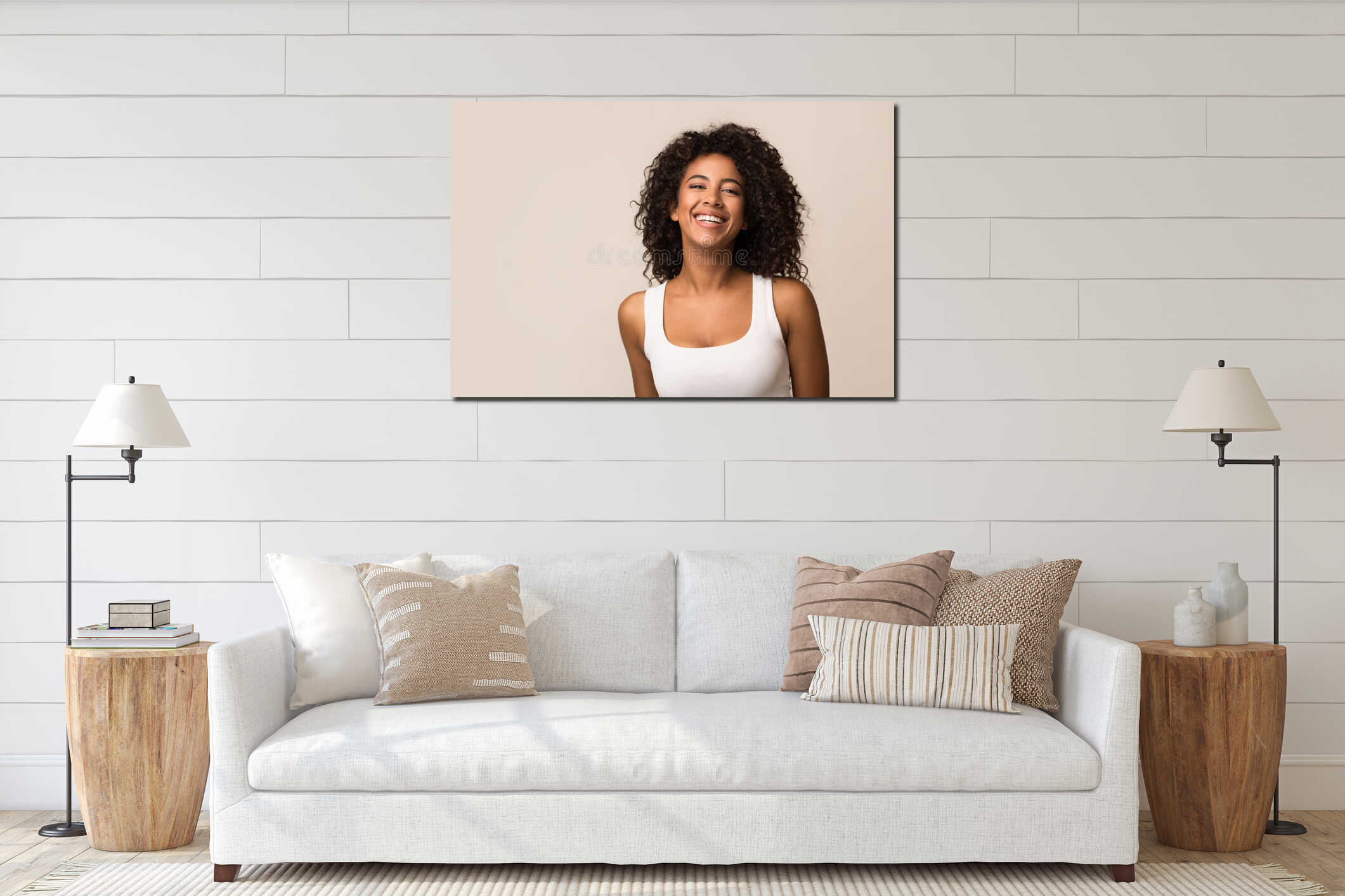 Portrait of laughing young woman against light background interior mockup