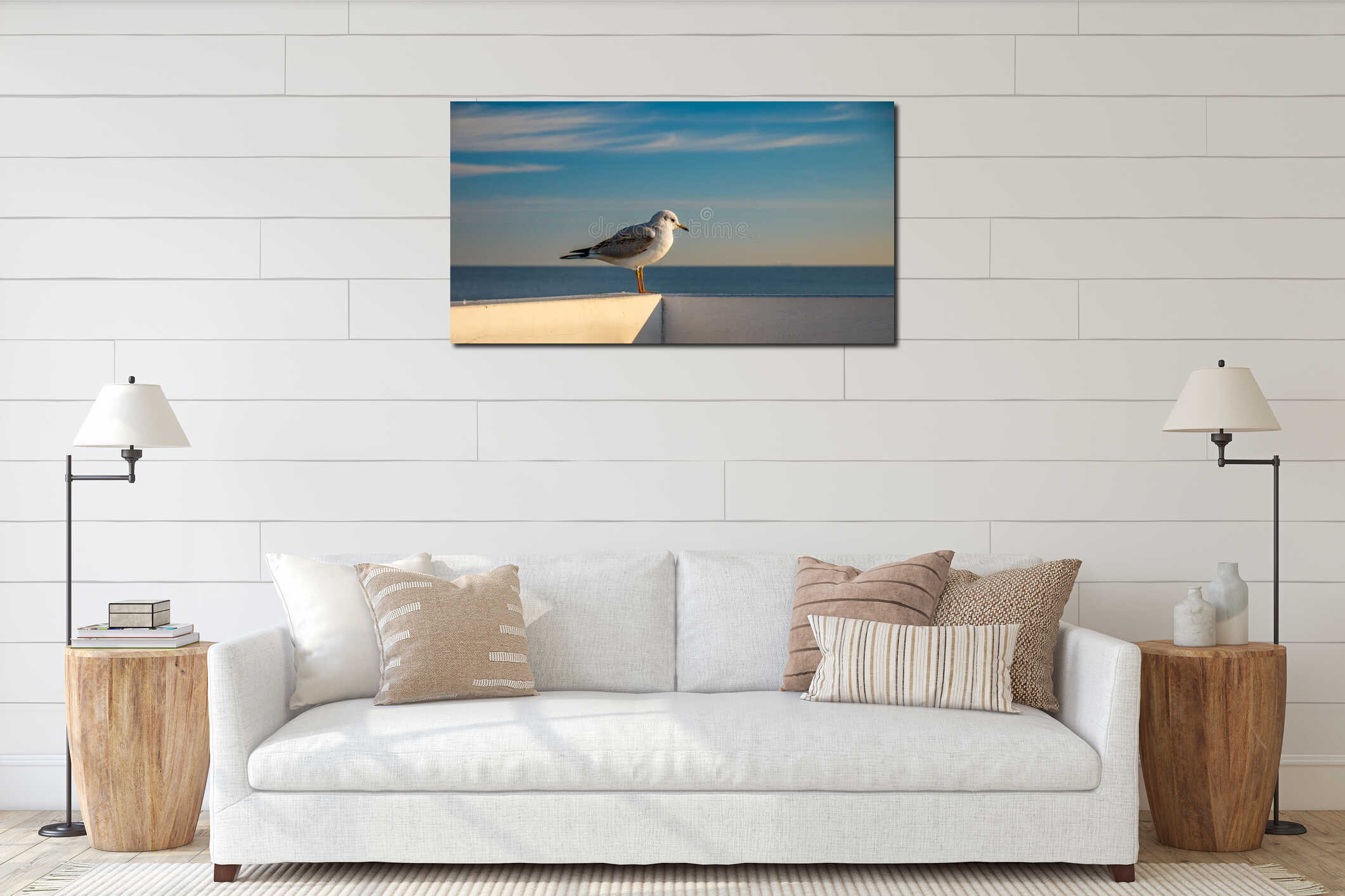 Closeup of seagull standing on a wooden fence in Sopot.. interior mockup