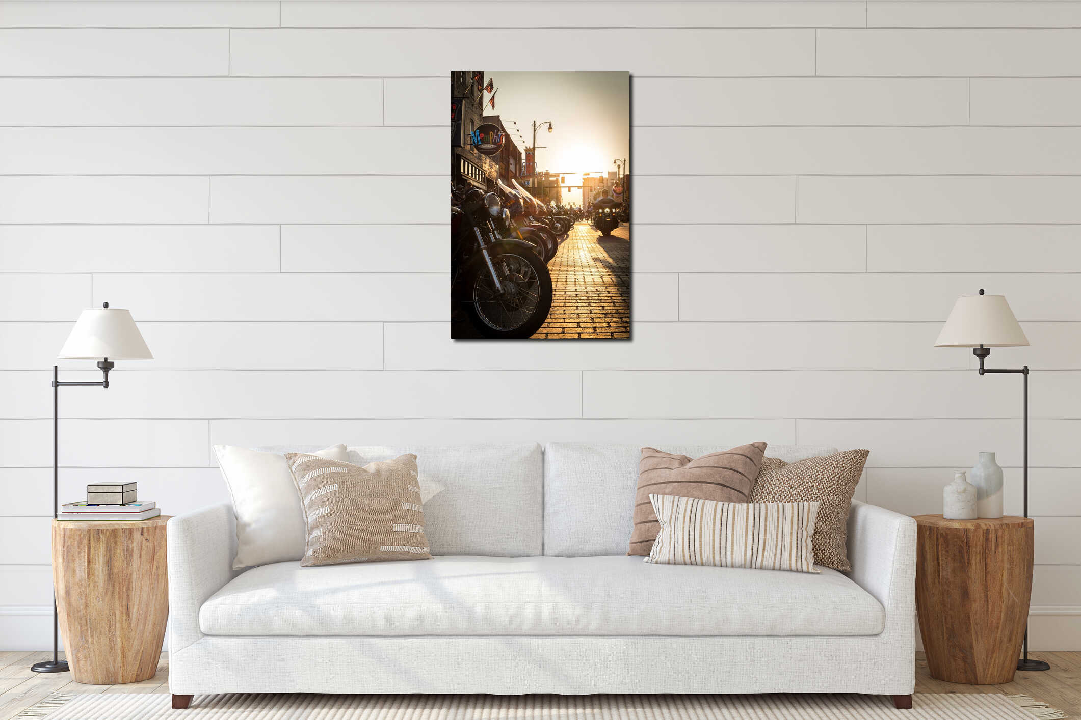 Biker riding on Beale street, Memphis interior mockup