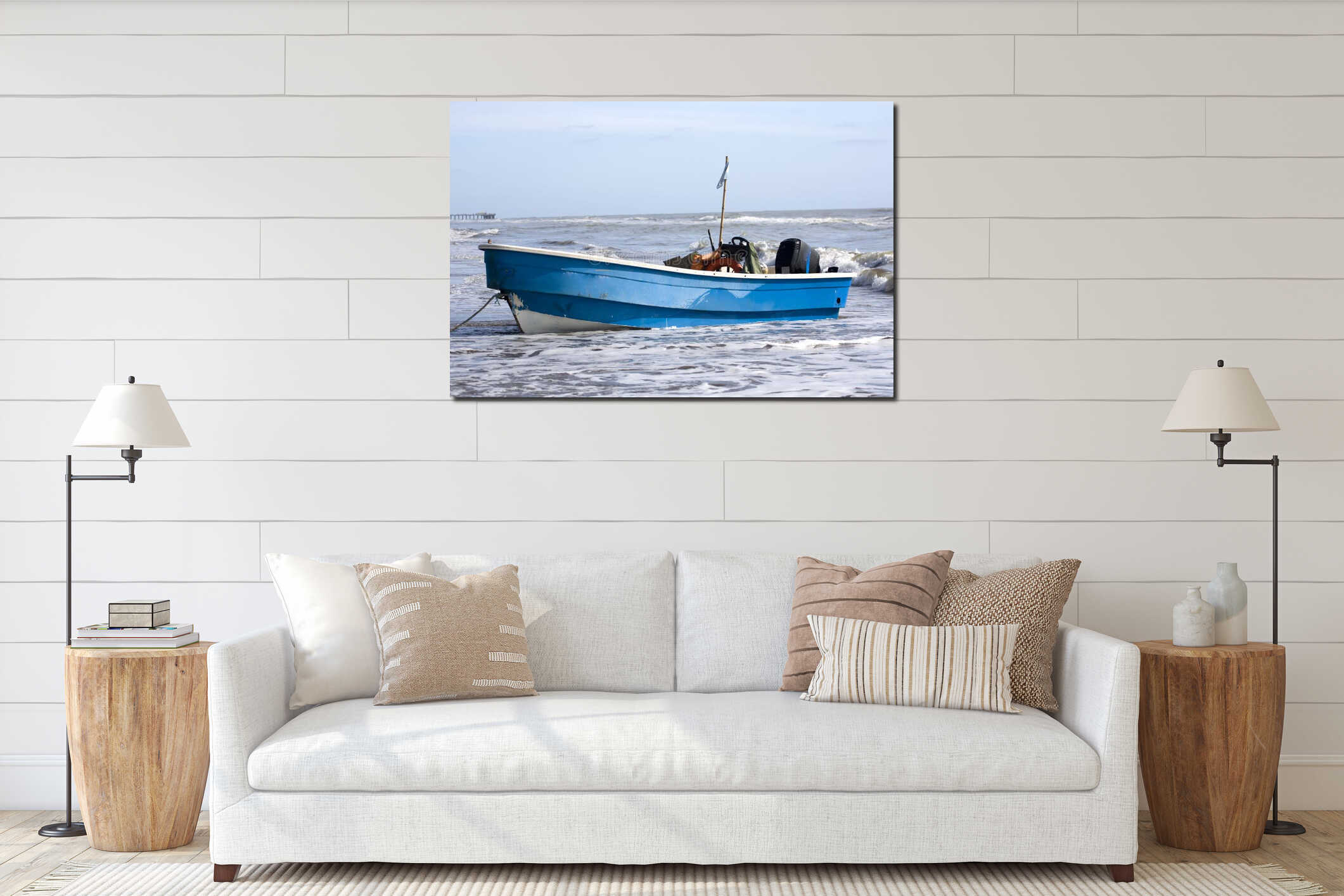 Blue fishing boat interior mockup