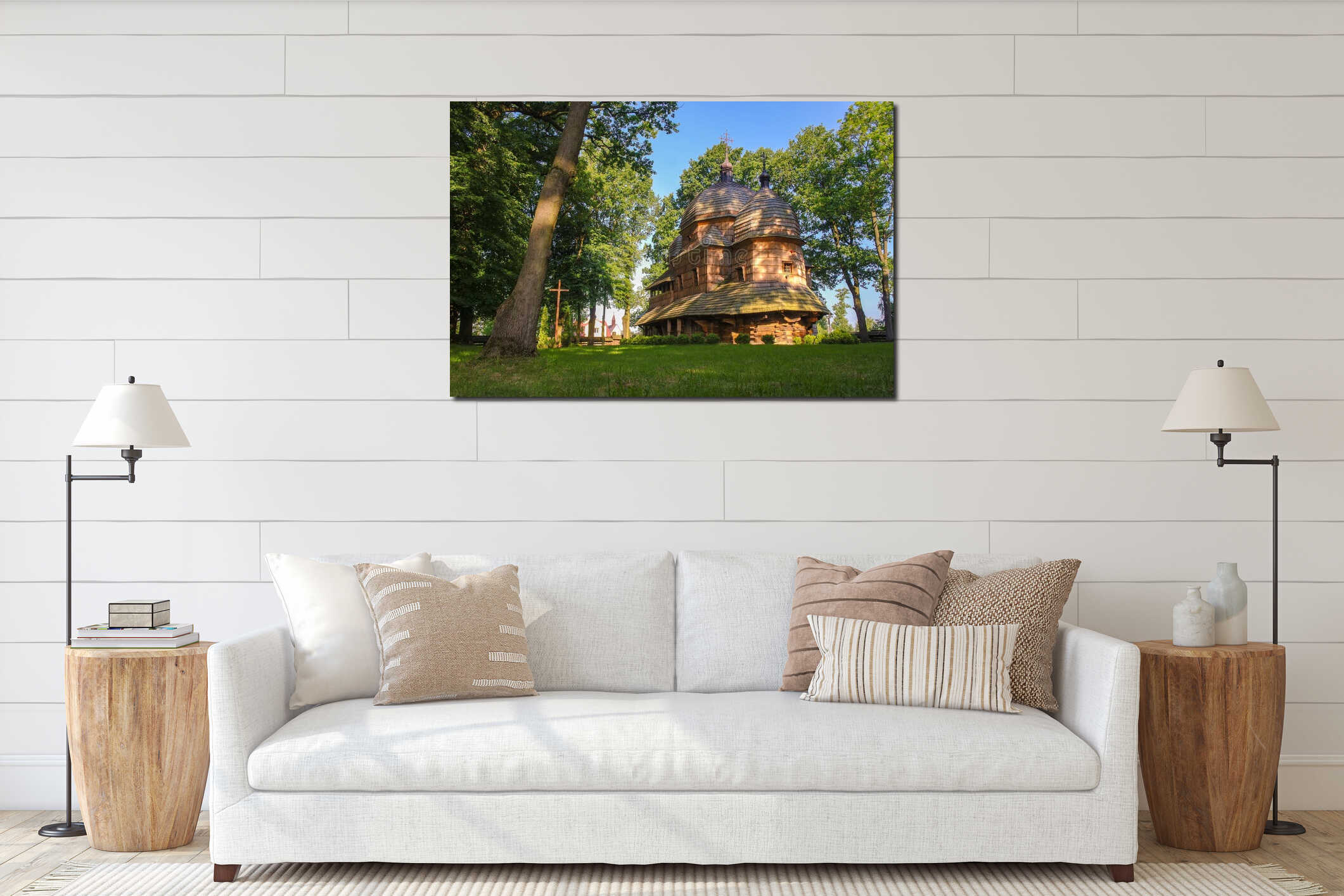 Scenic view of Greek Catholic wooden Mother of God church, UNESCO, Chotyniec, Poland interior mockup