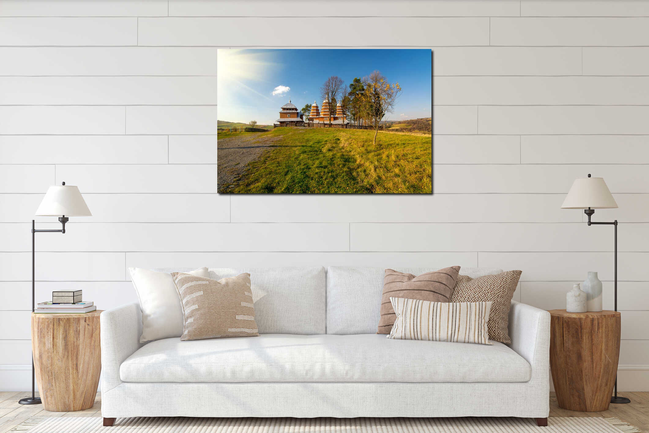 Scenic view of Greek Catholic wooden church of St. Dmytro, UNESCO, Matkiv, Ukraine interior mockup