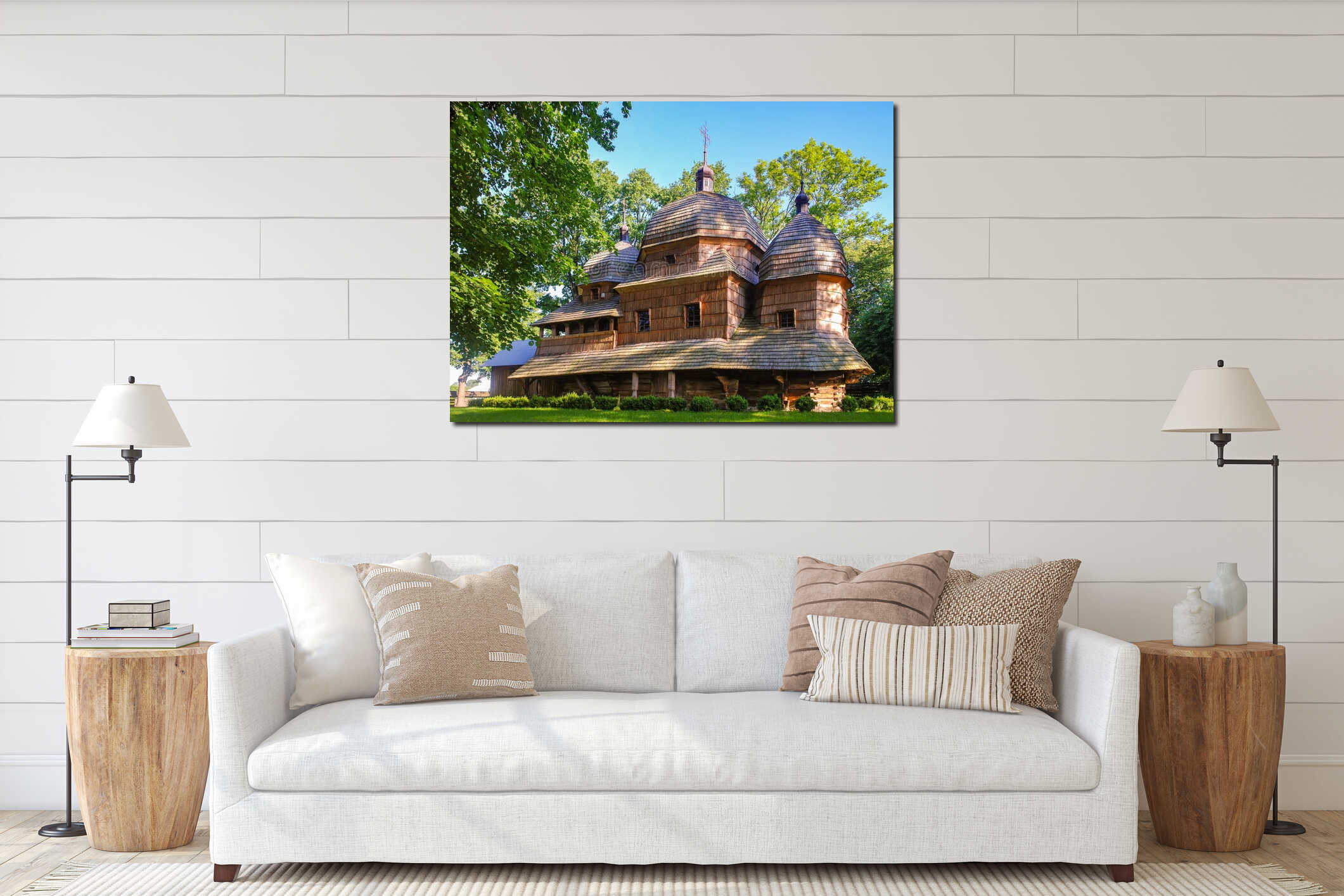 Scenic view of Greek Catholic wooden Mother of God church, UNESCO, Chotyniec, Poland interior mockup