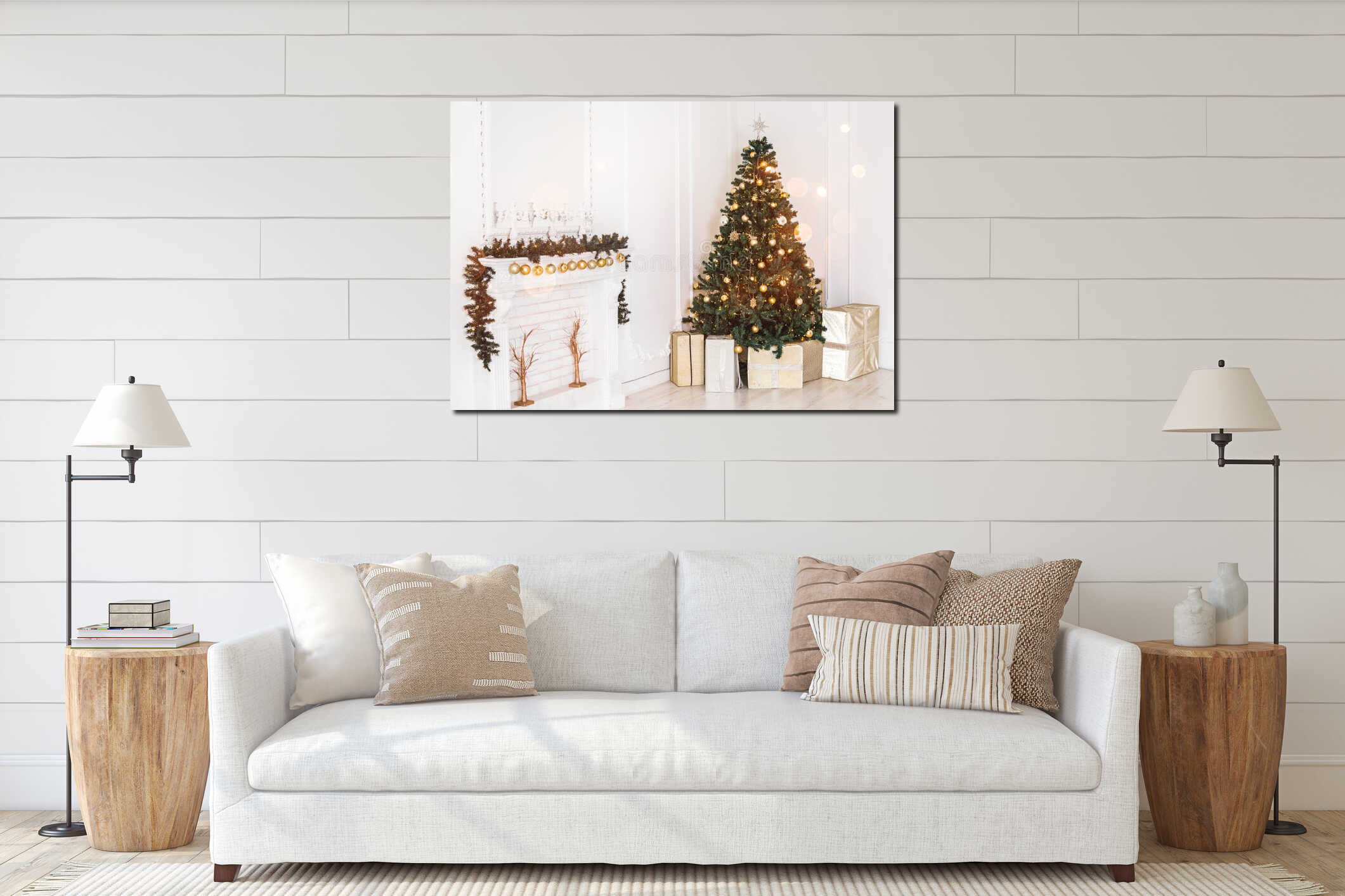 Holiday decorated room with Christmas tree and decoration, background with blurred, sparking, glowing light. interior mockup