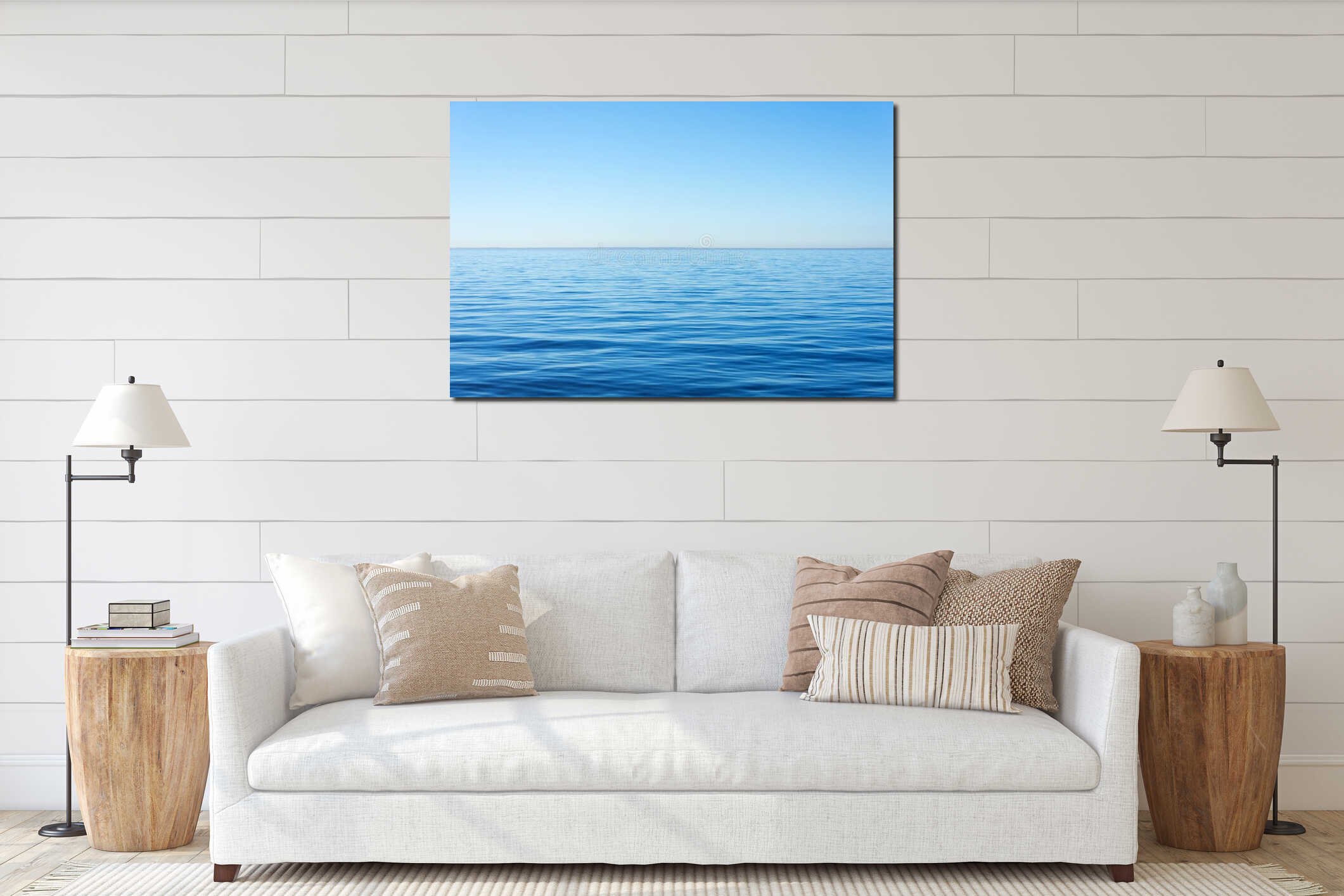 Quiet calm surface of water, sea and horizon and clear sky. interior mockup