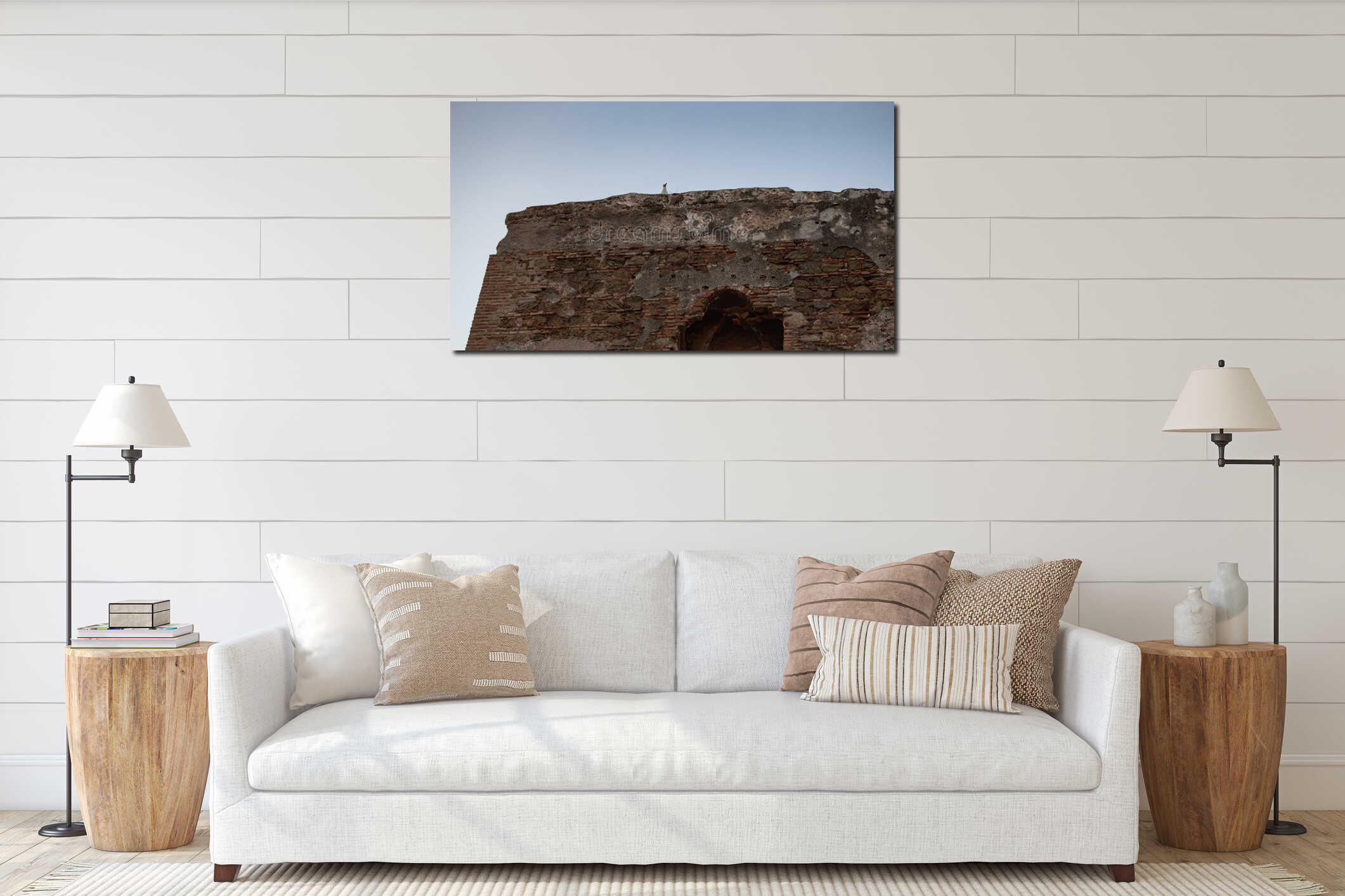 Seagull on ruins of ancient architecture interior mockup