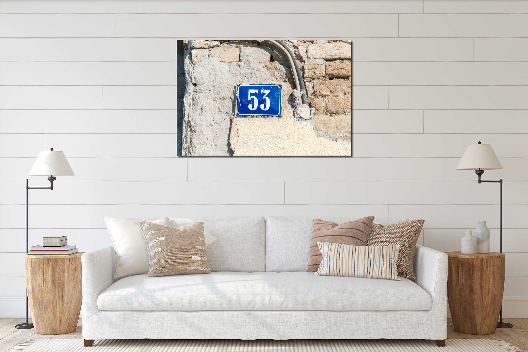 Old vintage house address blue metal plate number 53 fifty three on the plaster facade of abandoned home exterior wall on the stre interior mockup