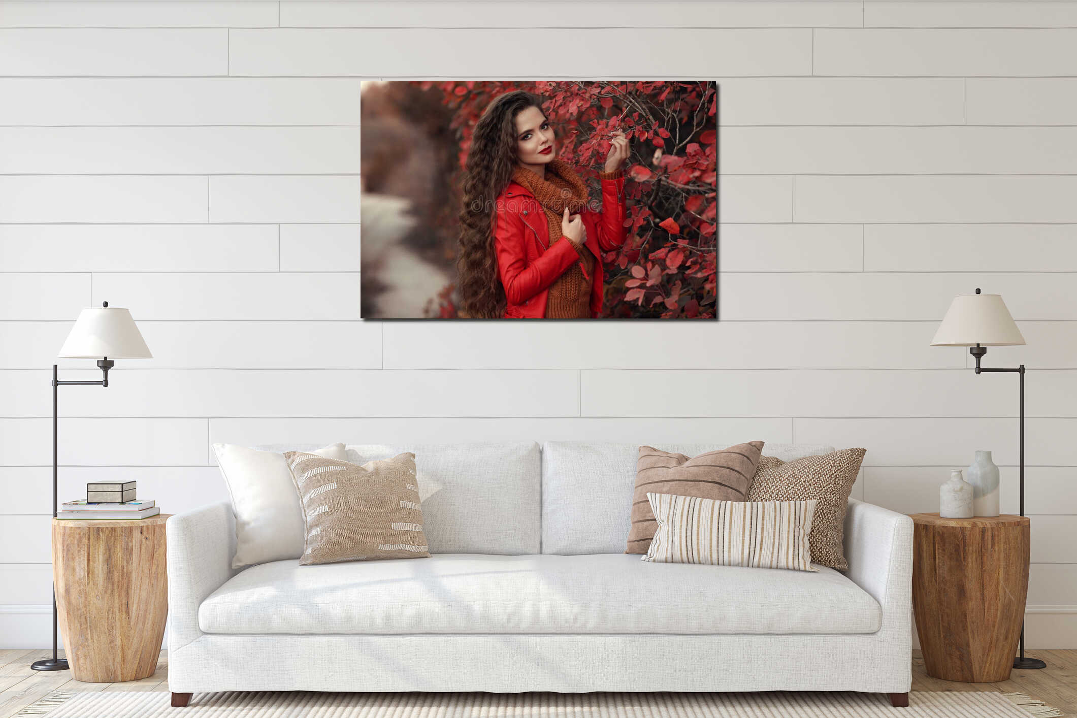 Pretty Woman autumn outdoor portrait. Young beautiful brunette i interior mockup