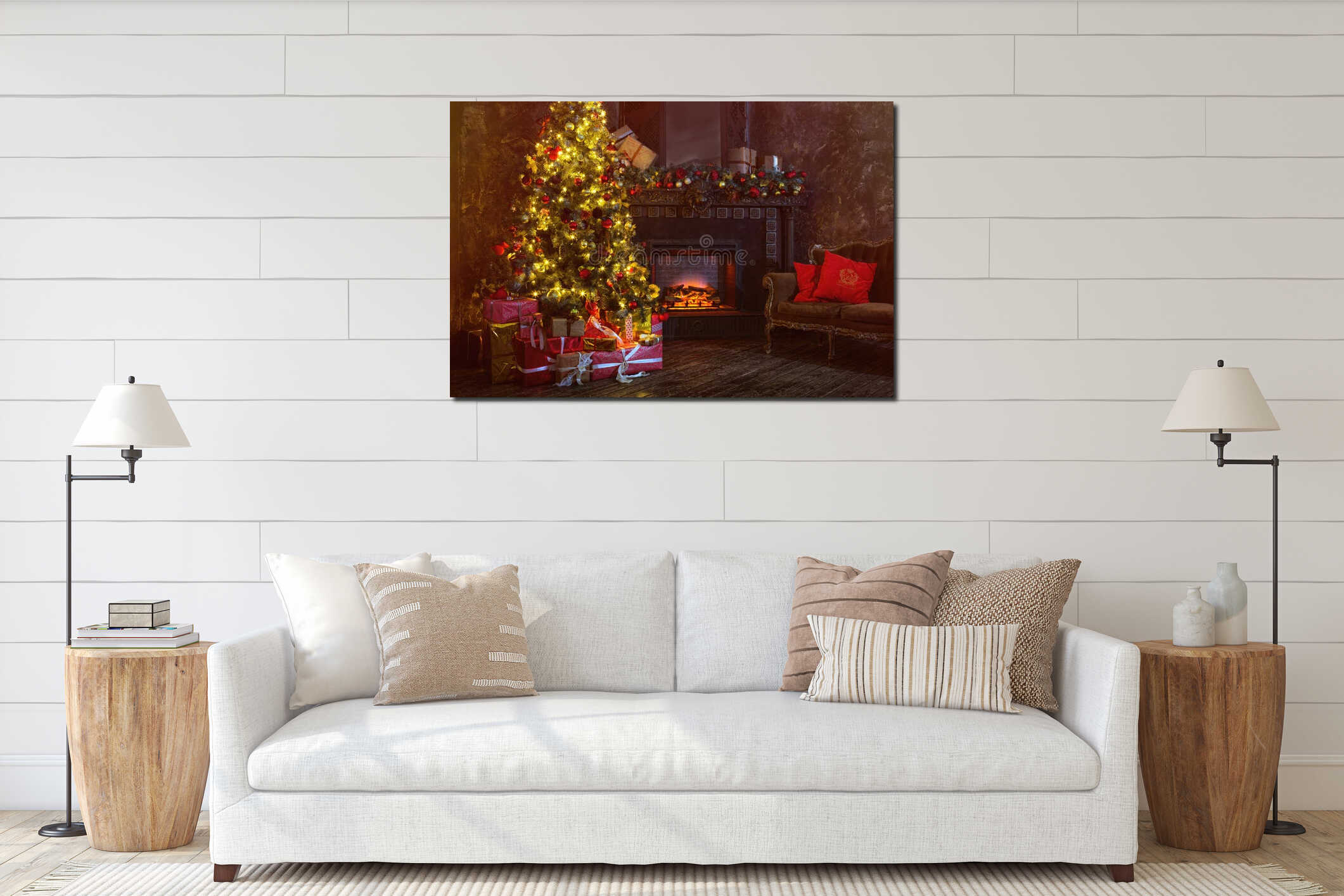 Interior christmas. magic glowing tree, fireplace, gifts in dark at night interior mockup