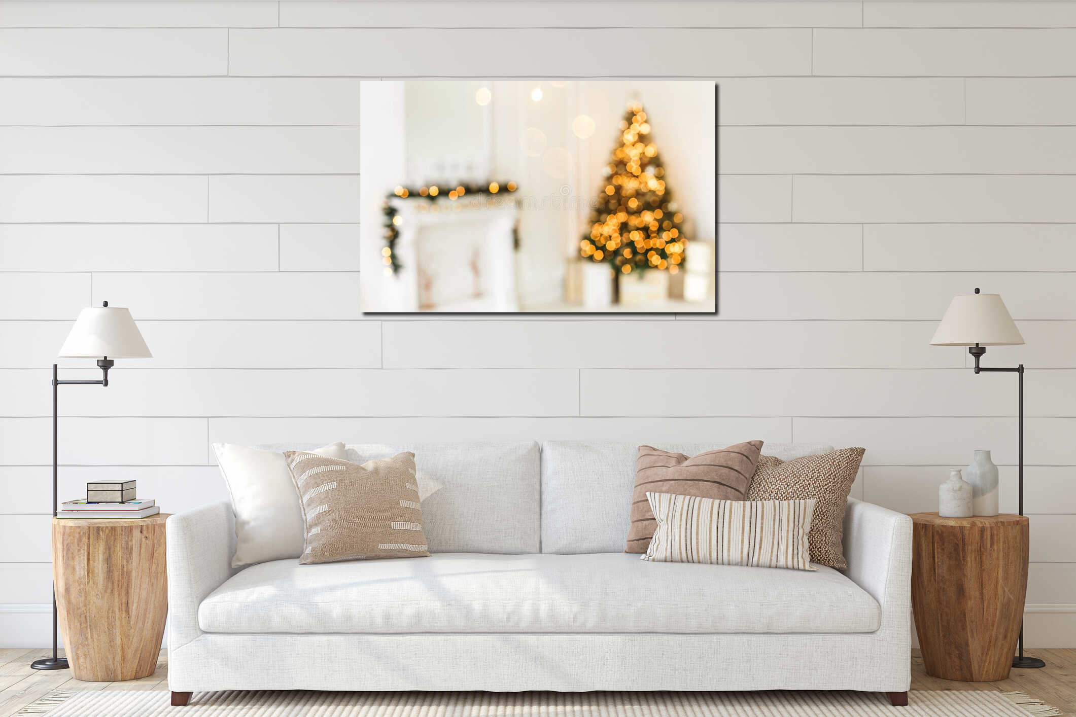 Holiday decorated room with Christmas tree and decoration, background with blurred, sparking, glowing light. interior mockup