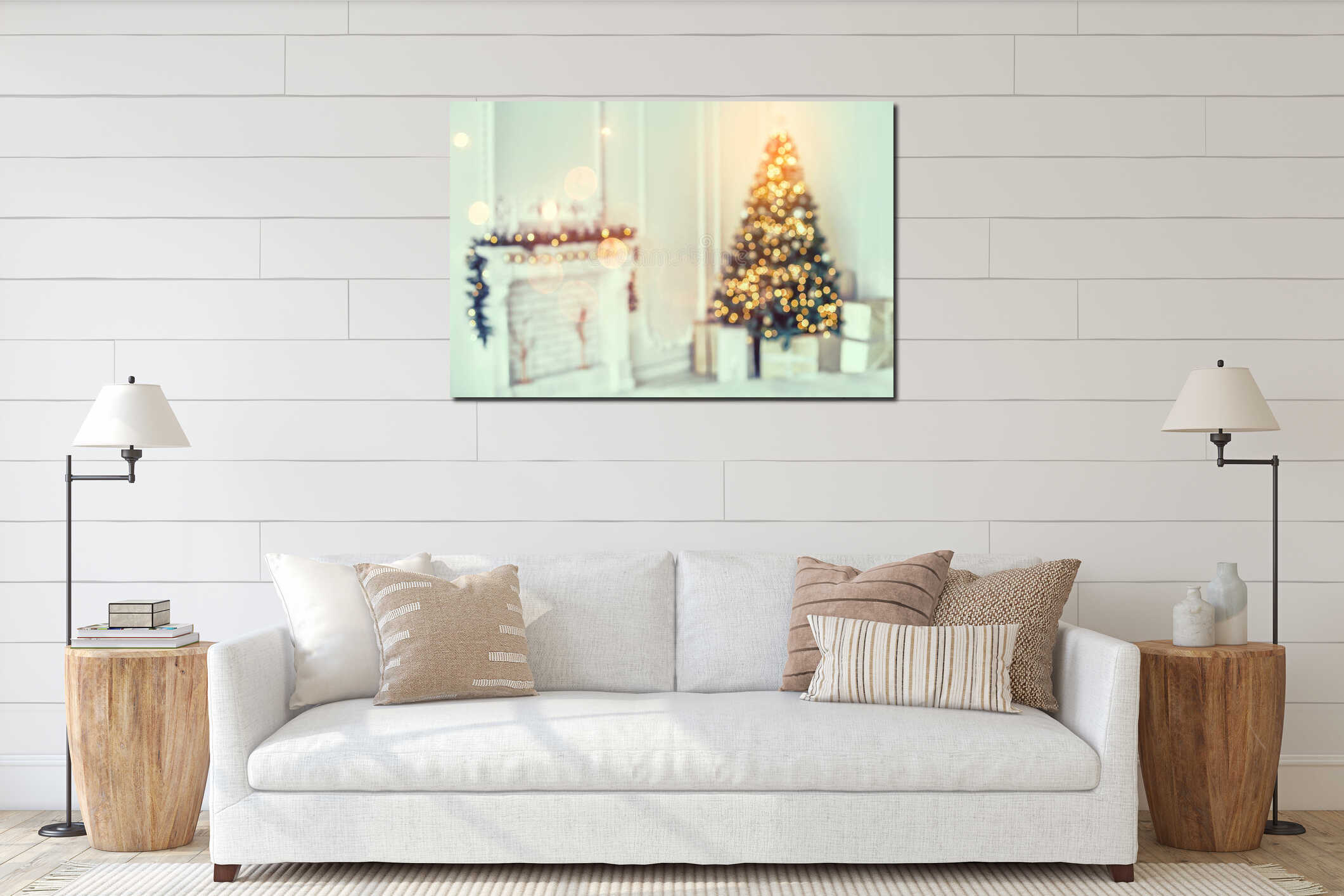 Holiday decorated room with Christmas tree and decoration, background with blurred, sparking, glowing light. interior mockup