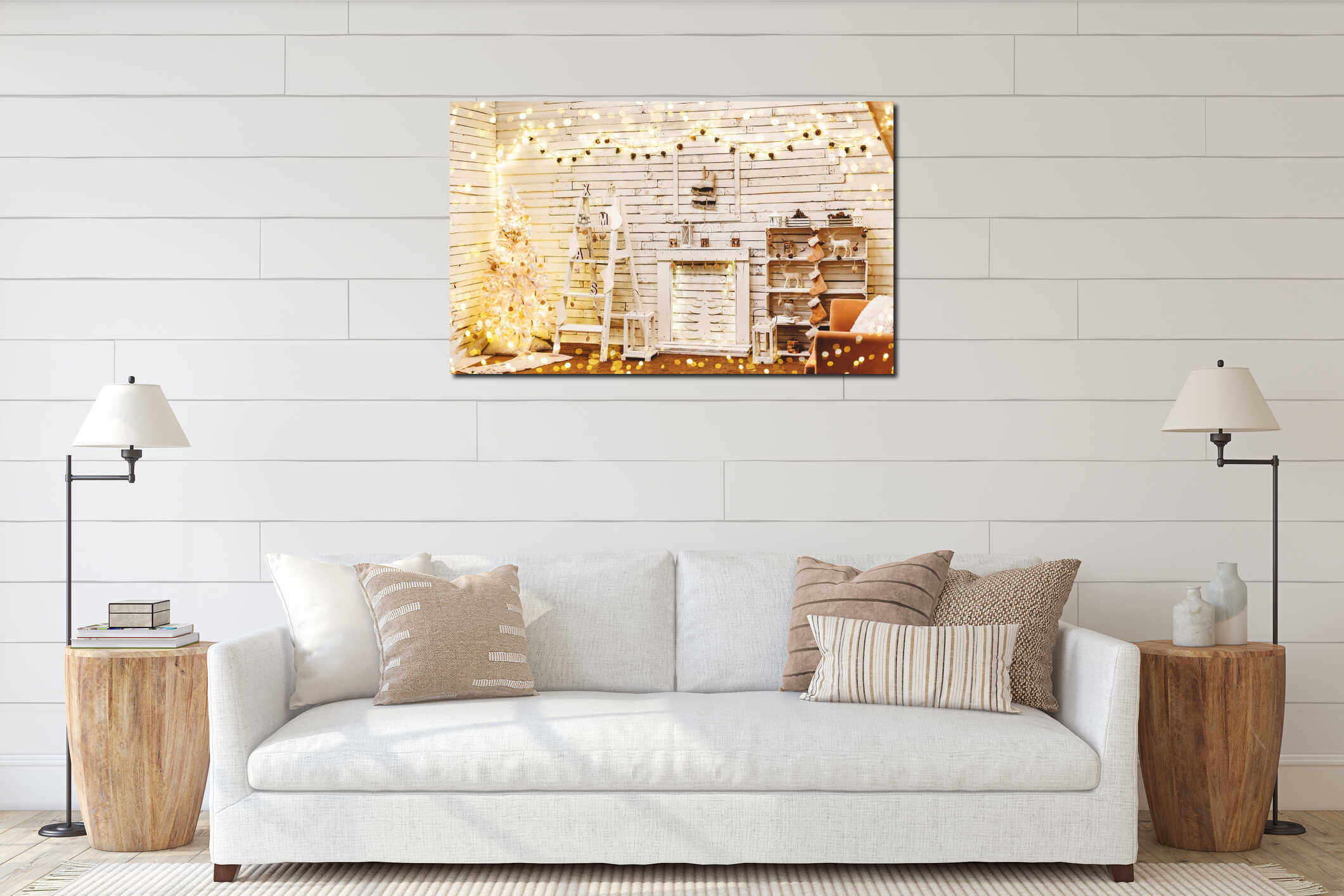 Holiday decorated room with Christmas tree and decoration, background with blurred, sparking, glowing light. interior mockup