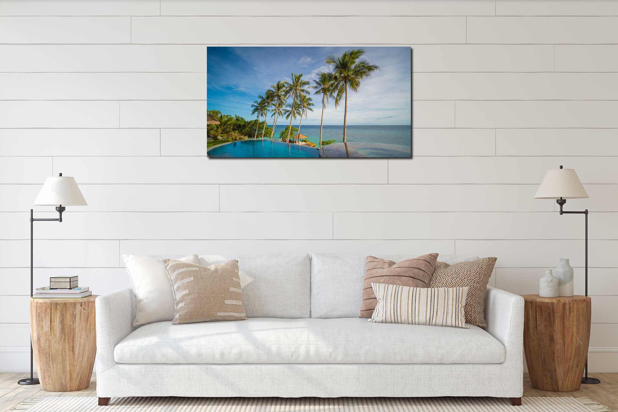 Outdoor swimming pool in a tropical country Philippines with palm trees. Evening time interior mockup