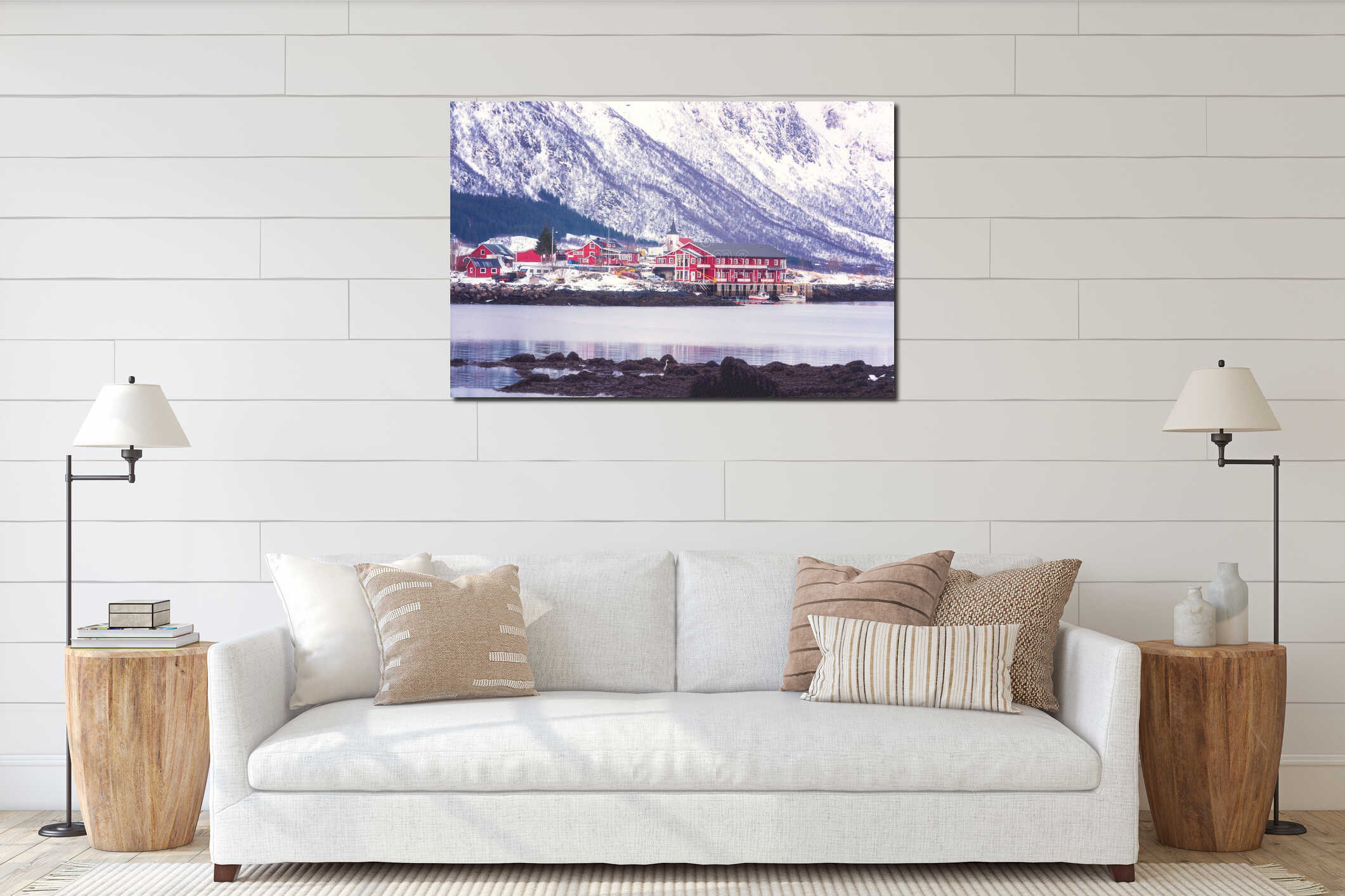 Winter landscape - mountains, lake with reflection in the water at sunset, Lofoten Islands, Norway interior mockup